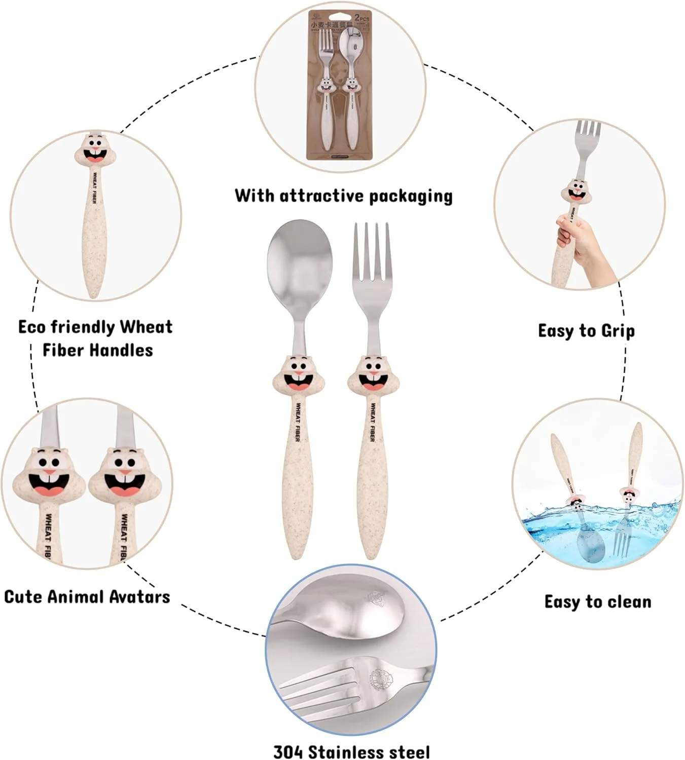 ست قاشق و چنگال کودک CRAVISTA، استیل ضد زنگ بدون BPA برای کودکان نوپا و بچه ها - سازگار با محیط زیست، با دستگیره آسان، ست کارد و چنگال کودک برای مدرسه، پیک نیک و مسافرت (بژ)