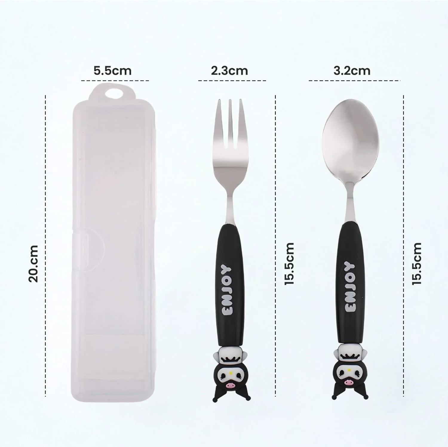 ست قاشق و چنگال کودکانه طرح کرومی CRAVISTA به همراه جعبه – قاشق و چنگال استیل ضد زنگ 2 تکه با جعبه حمل طرح گربه کارتونی زیبا – ست کارد و چنگال بدون BPA هدیه ای برای دختران، جعبه ناهار، پیک نیک، مسافرت (مشکی)