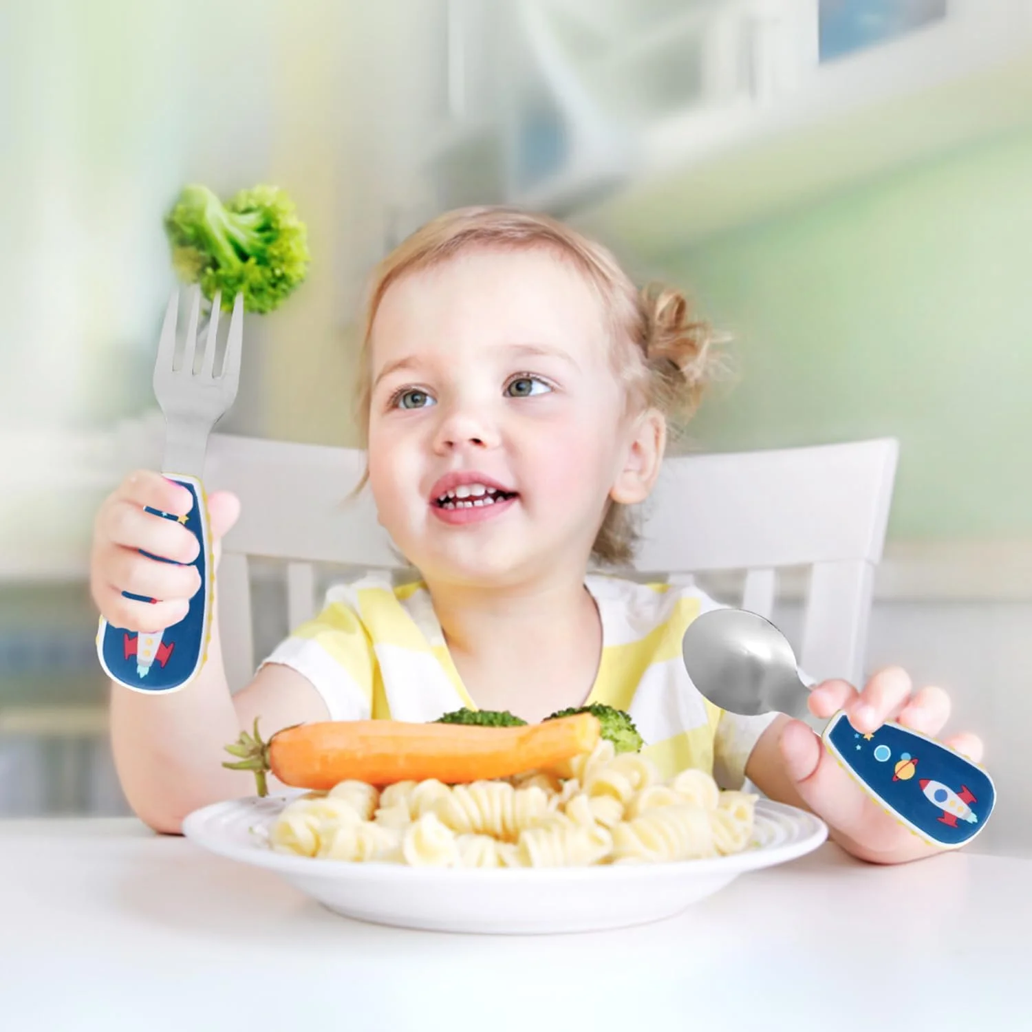 ست قاشق و چنگال استیل ضد زنگ کودک CRAVISTA با جعبه برای مدرسه | ست قاشق و چنگال کودک | ست کارد و چنگال کودک نوپا برای جعبه ناهار، مسافرت | کارد و چنگال ظروف غذاخوری کودکان، هدایای فضایی برای پسران و دختران