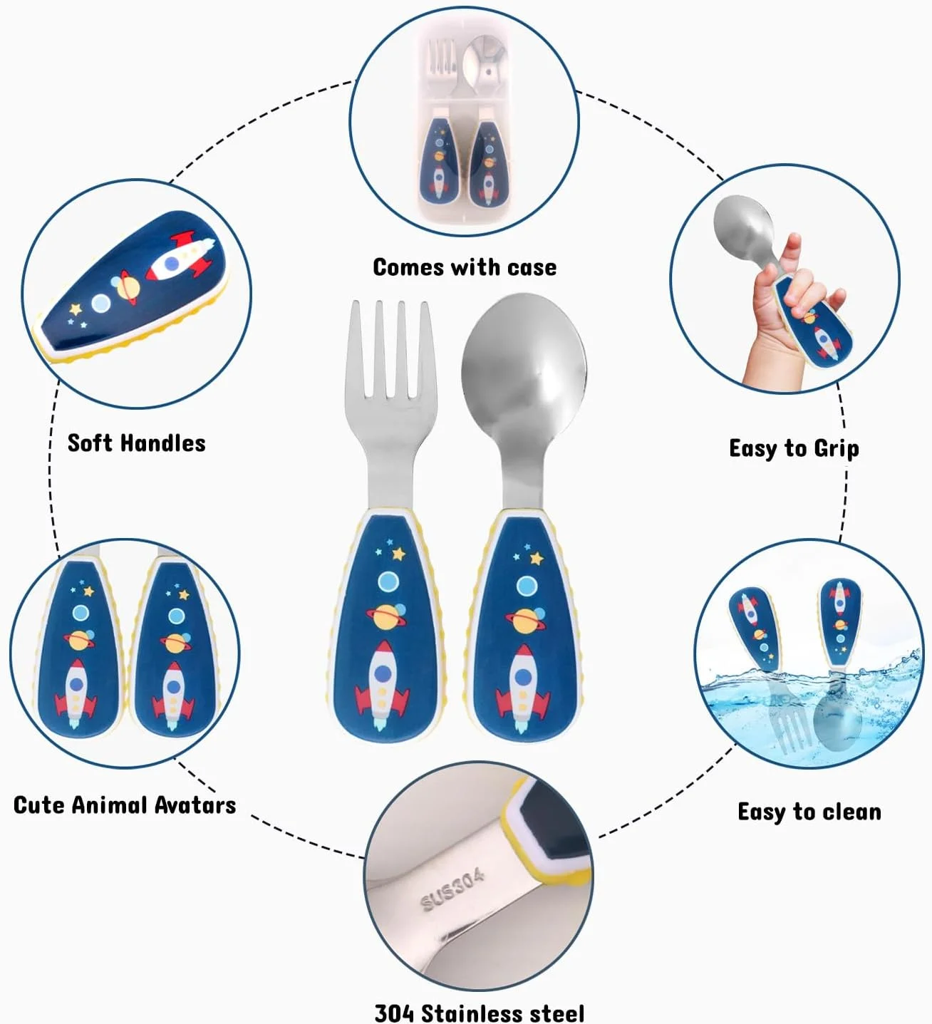 ست قاشق و چنگال استیل ضد زنگ کودک CRAVISTA با جعبه برای مدرسه | ست چنگال و قاشق کودک | ست کارد و چنگال کودک نوپا برای جعبه ناهار، مسافرت | کارد و چنگال رومیزی کودکان، هدیه فضایی برای پسران و دختران