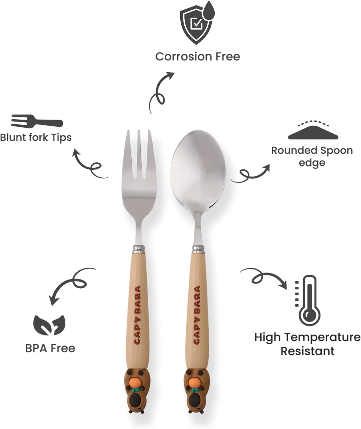 ست قاشق و چنگال بچگانه طرح کاپیبارا CRAVISTA به همراه جعبه - ست 2 تکه استیل ضد زنگ بدون BPA شامل قاشق، چنگال و جعبه برای جعبه ناهار، پیک نیک و مسافرت (قهوه ای با سیب)