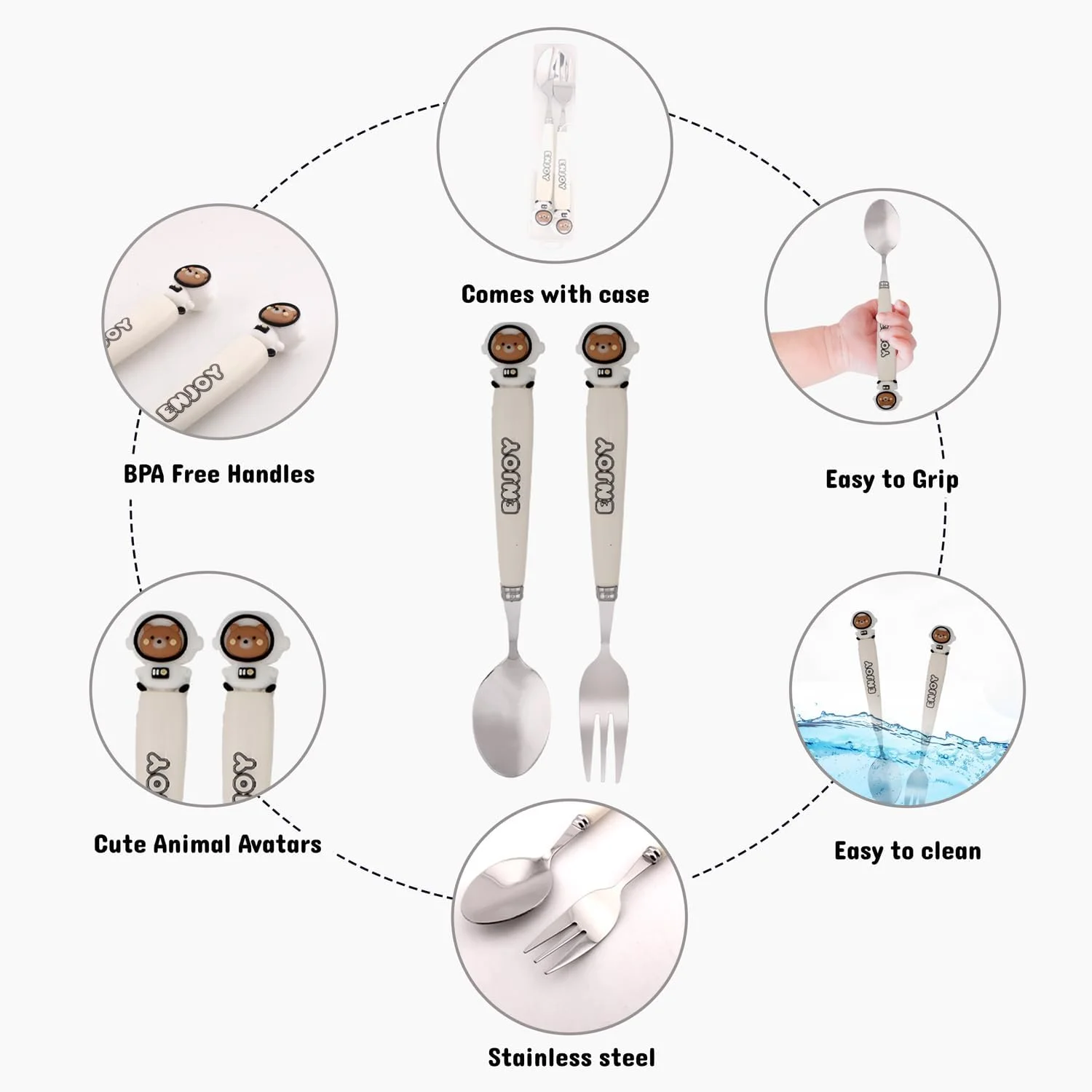 ست قاشق و چنگال کودکانه طرح فضانورد CRAVISTA به همراه جعبه - ست 2 تکه استیل ضد زنگ بدون BPA شامل قاشق، چنگال و جعبه برای جعبه ناهار، پیک نیک و مسافرت (سفید)