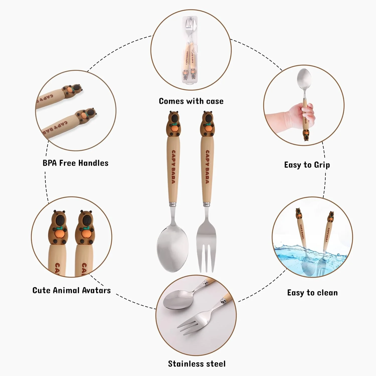 ست قاشق و چنگال بچگانه طرح کاپیبارا CRAVISTA به همراه جعبه - ست 2 تکه استیل ضد زنگ بدون BPA شامل قاشق، چنگال و جعبه برای جعبه ناهار، پیک نیک و مسافرت (قهوه ای با سیب)