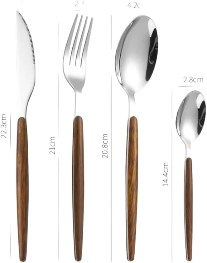 ست کارد و چنگال استیل 16 پارچه Sas Classic Classic & Simple - نقره ای گرید غذایی 430 با دسته های چوبی ABS برای 4 نفر، پرداخت آینه ای - شامل قاشق، چنگال، چاقوی استیک ست کارد و چنگال استیل 16 پارچه Sas Classic Classic & Simple - نقره ای گرید غذایی 430 با دسته های چوبی ABS برای 4 نفر، پرداخت آینه ای - شامل قاشق، چنگال، چاقوی استیک