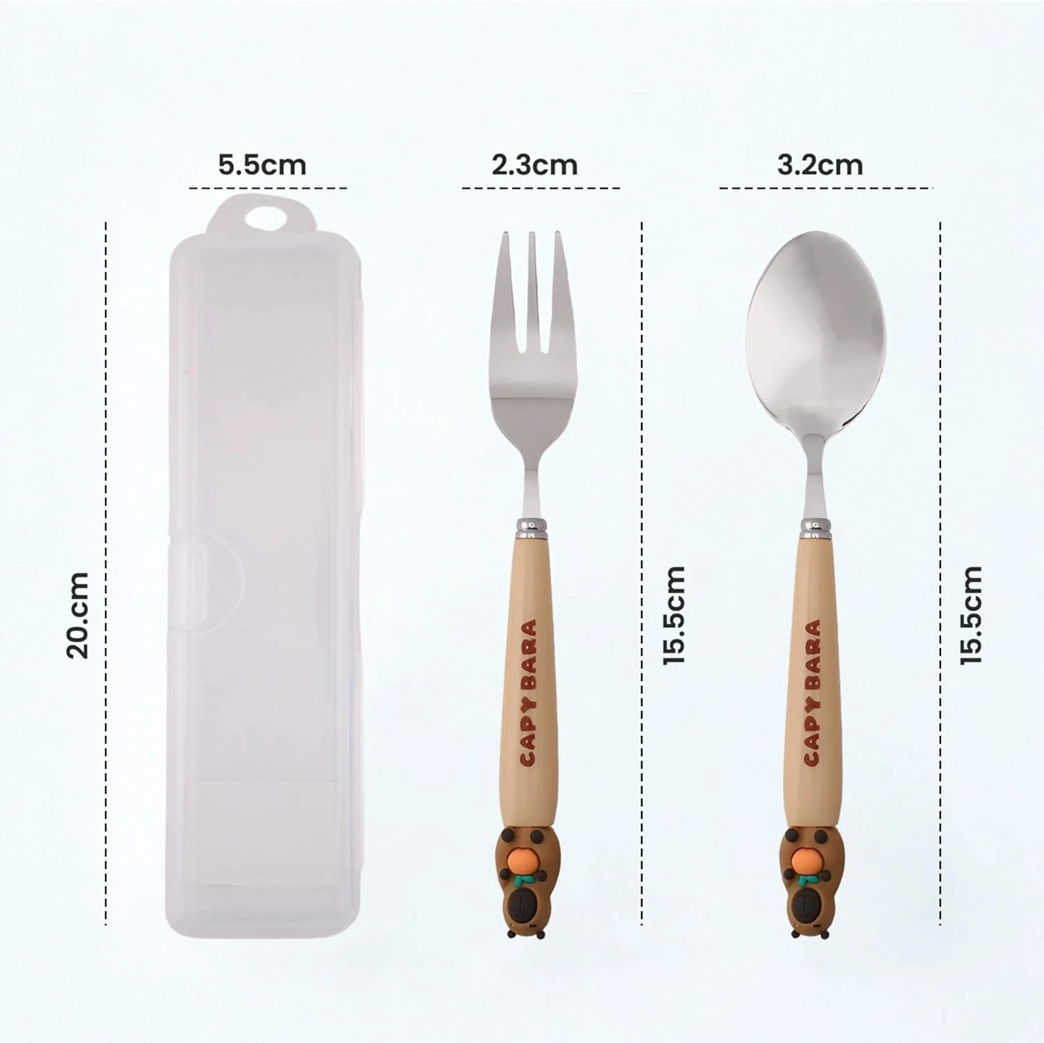 ست قاشق و چنگال بچگانه طرح کاپیبارا CRAVISTA به همراه جعبه - ست 2 تکه استیل ضد زنگ بدون BPA شامل قاشق، چنگال و جعبه برای جعبه ناهار، پیک نیک و مسافرت (قهوه ای با سیب)