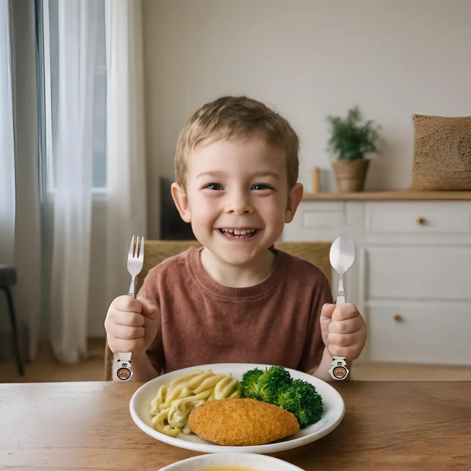 ست قاشق و چنگال کودکانه طرح فضانورد CRAVISTA به همراه جعبه - ست 2 تکه استیل ضد زنگ بدون BPA شامل قاشق، چنگال و جعبه برای جعبه ناهار، پیک نیک و مسافرت (سفید)