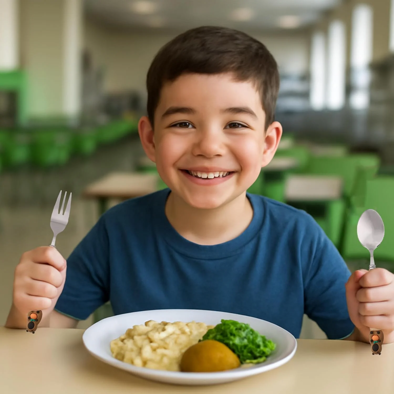 ست قاشق و چنگال بچگانه طرح کاپیبارا CRAVISTA به همراه جعبه - ست 2 تکه استیل ضد زنگ بدون BPA شامل قاشق، چنگال و جعبه برای جعبه ناهار، پیک نیک و مسافرت (قهوه ای با سیب)