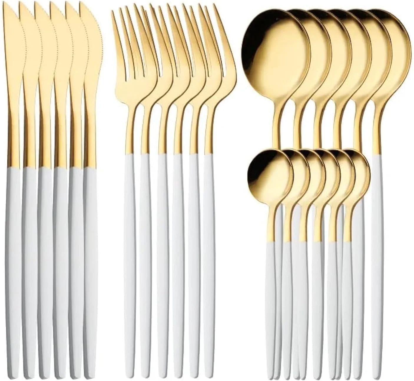 BuyOn Cutlery Set 24 Peices Stainless Steel Tableware Dinner Mirror Polished Surving for 6 Set of Knives Spoons Forks Kitchen Utensils Tablespoon Skewer Accessories Home & Restaurant (GOLD & WHITE)