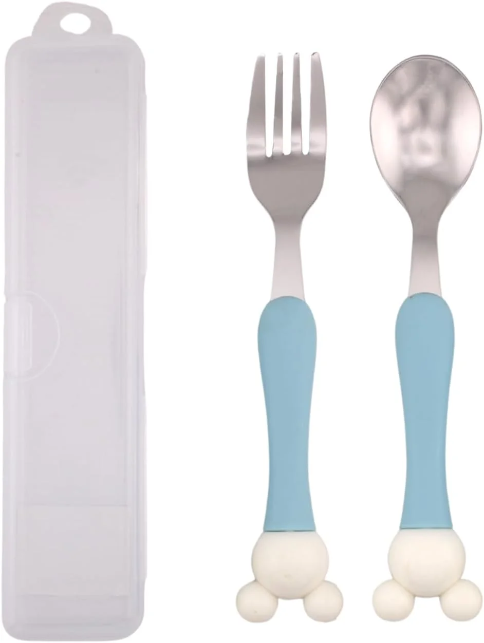 ست قاشق و چنگال کودک BrainGiggles با جعبه، لبه گرد استیل ضد زنگ، دسته های بدون BPA با روکش ضد لغزش، ست قاشق و چنگال کودک نوپا برای جعبه ناهار، حکاکی گوش میکی موس روی ظروف غذاخوری کودکان (آبی)
