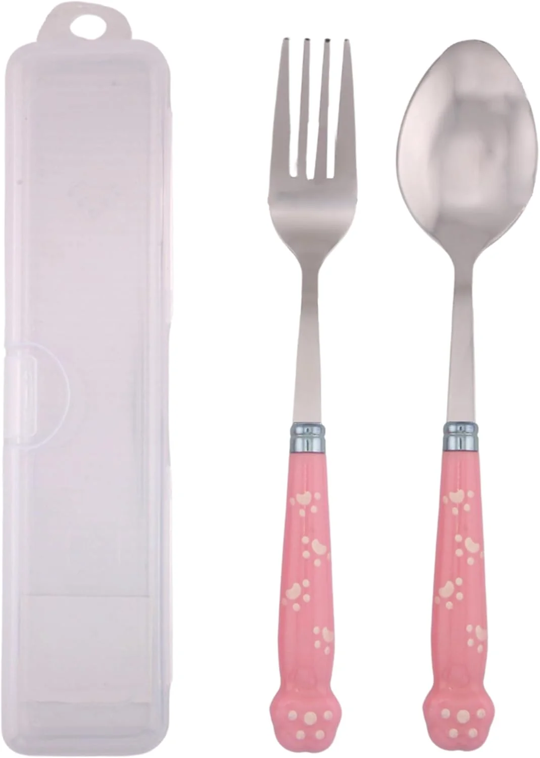 BrainGiggles Kids Cutlery Set with Case |Round Edge Stainless Steel Kids Cutlery BPA Free Handles| Spoon & Fork Cutlery Set for Lunch Box|Paw Engraved Children Tableware with Portable Case (Pink)