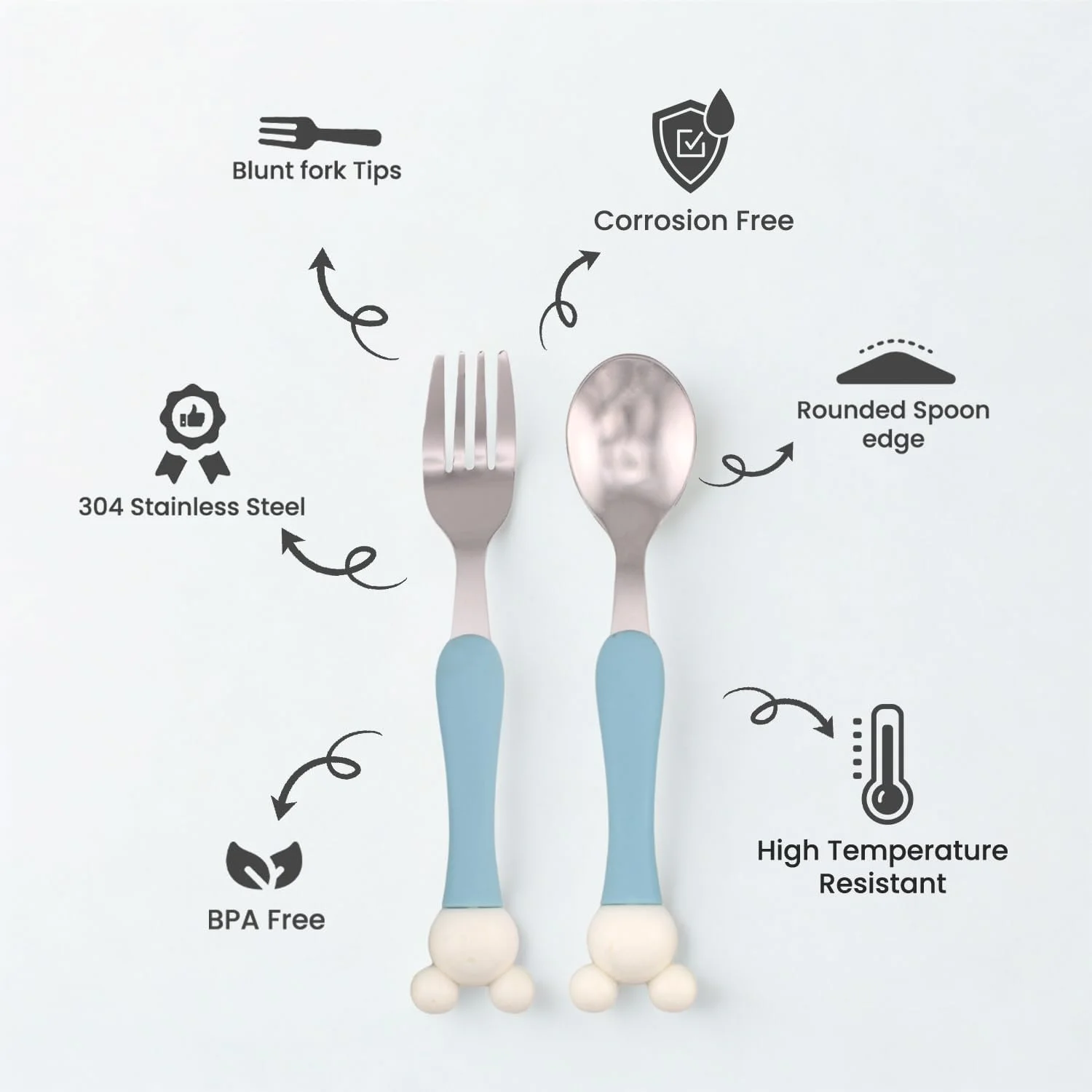 ست قاشق و چنگال کودک BrainGiggles با جعبه، لبه گرد استیل ضد زنگ، دسته های بدون BPA با روکش ضد لغزش، ست قاشق و چنگال کودک نوپا برای جعبه ناهار، حکاکی گوش میکی موس روی ظروف غذاخوری کودکان (آبی)