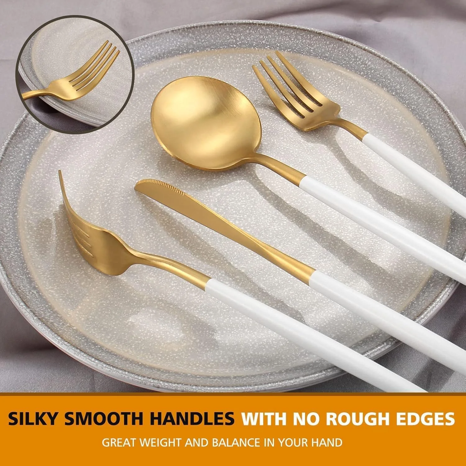 BuyOn Cutlery Set 24 Peices Stainless Steel Tableware Dinner Mirror Polished Surving for 6 Set of Knives Spoons Forks Kitchen Utensils Tablespoon Skewer Accessories Home & Restaurant (GOLD & WHITE) BuyOn Cutlery Set 24 Peices Stainless Steel Tableware Dinner Mirror Polished Surving for 6 Set of Knives Spoons Forks Kitchen Utensils Tablespoon Skewer Accessories Home & Restaurant (GOLD & WHITE)