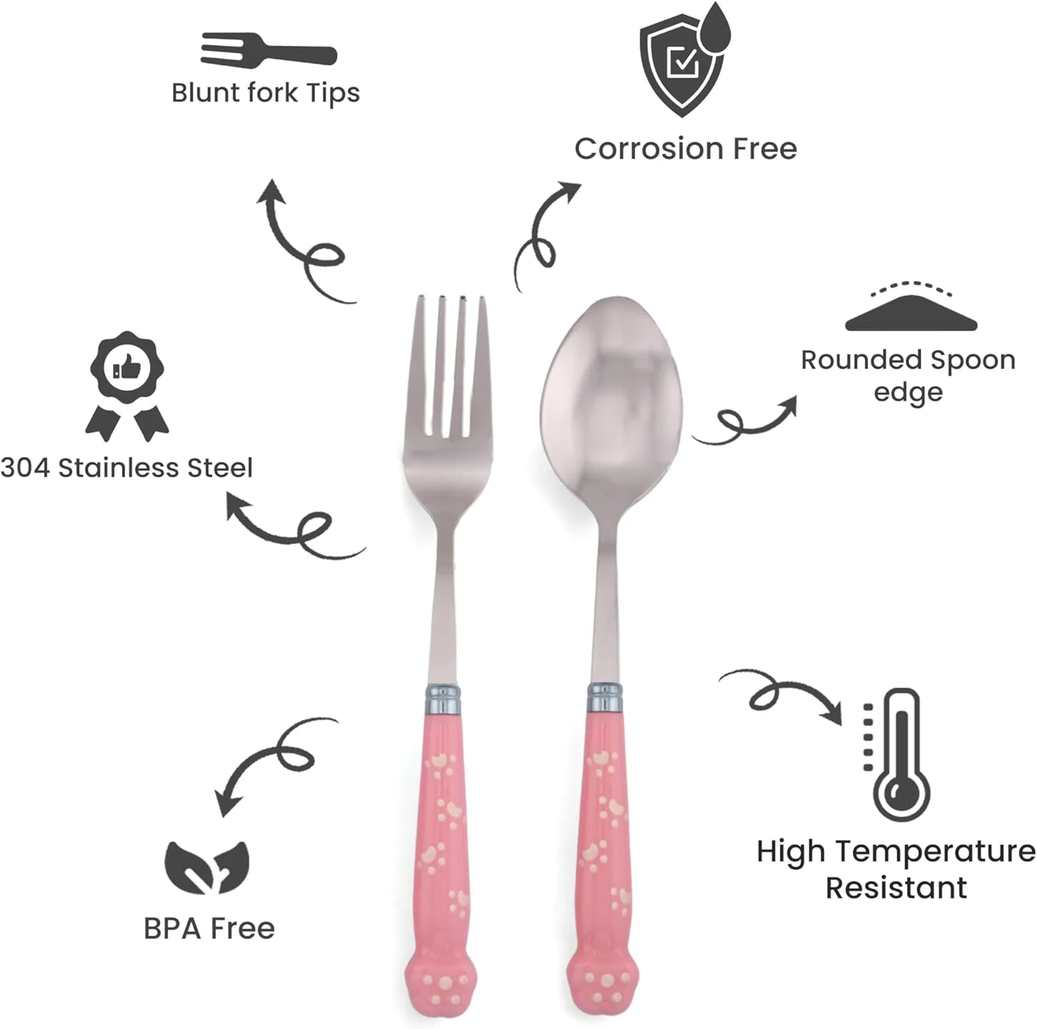 BrainGiggles Kids Cutlery Set with Case |Round Edge Stainless Steel Kids Cutlery BPA Free Handles| Spoon & Fork Cutlery Set for Lunch Box|Paw Engraved Children Tableware with Portable Case (Pink)