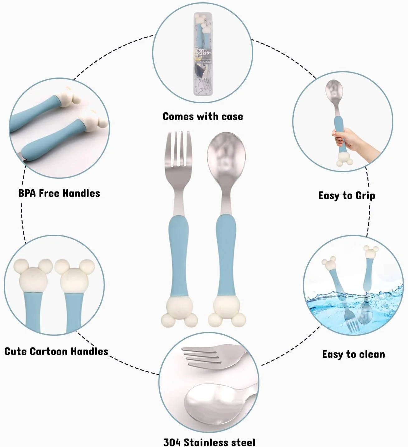 ست قاشق و چنگال کودک BrainGiggles با جعبه، لبه گرد استیل ضد زنگ، دسته های بدون BPA با روکش ضد لغزش، ست قاشق و چنگال کودک نوپا برای جعبه ناهار، حکاکی گوش میکی موس روی ظروف غذاخوری کودکان (آبی)