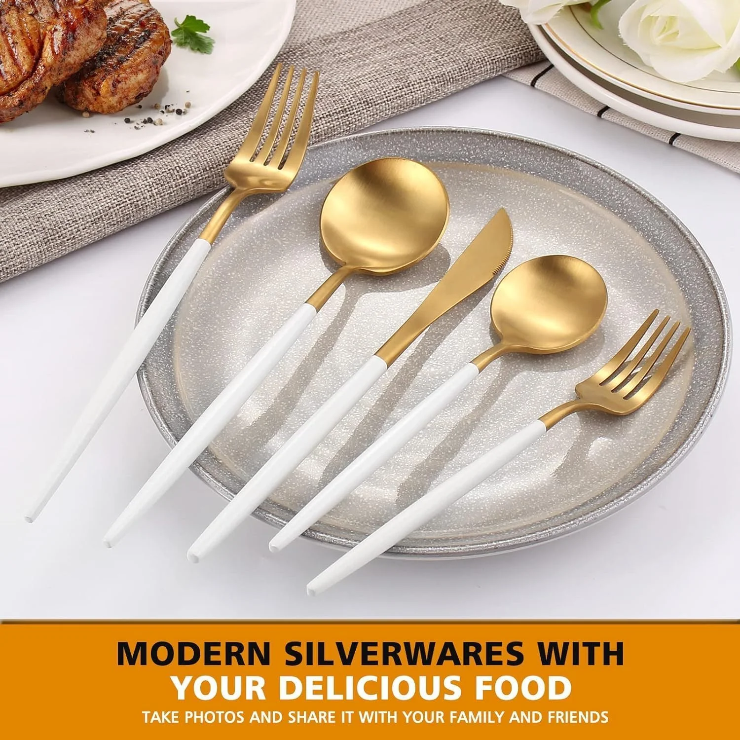 BuyOn Cutlery Set 24 Peices Stainless Steel Tableware Dinner Mirror Polished Surving for 6 Set of Knives Spoons Forks Kitchen Utensils Tablespoon Skewer Accessories Home & Restaurant (GOLD & WHITE) BuyOn Cutlery Set 24 Peices Stainless Steel Tableware Dinner Mirror Polished Surving for 6 Set of Knives Spoons Forks Kitchen Utensils Tablespoon Skewer Accessories Home & Restaurant (GOLD & WHITE)
