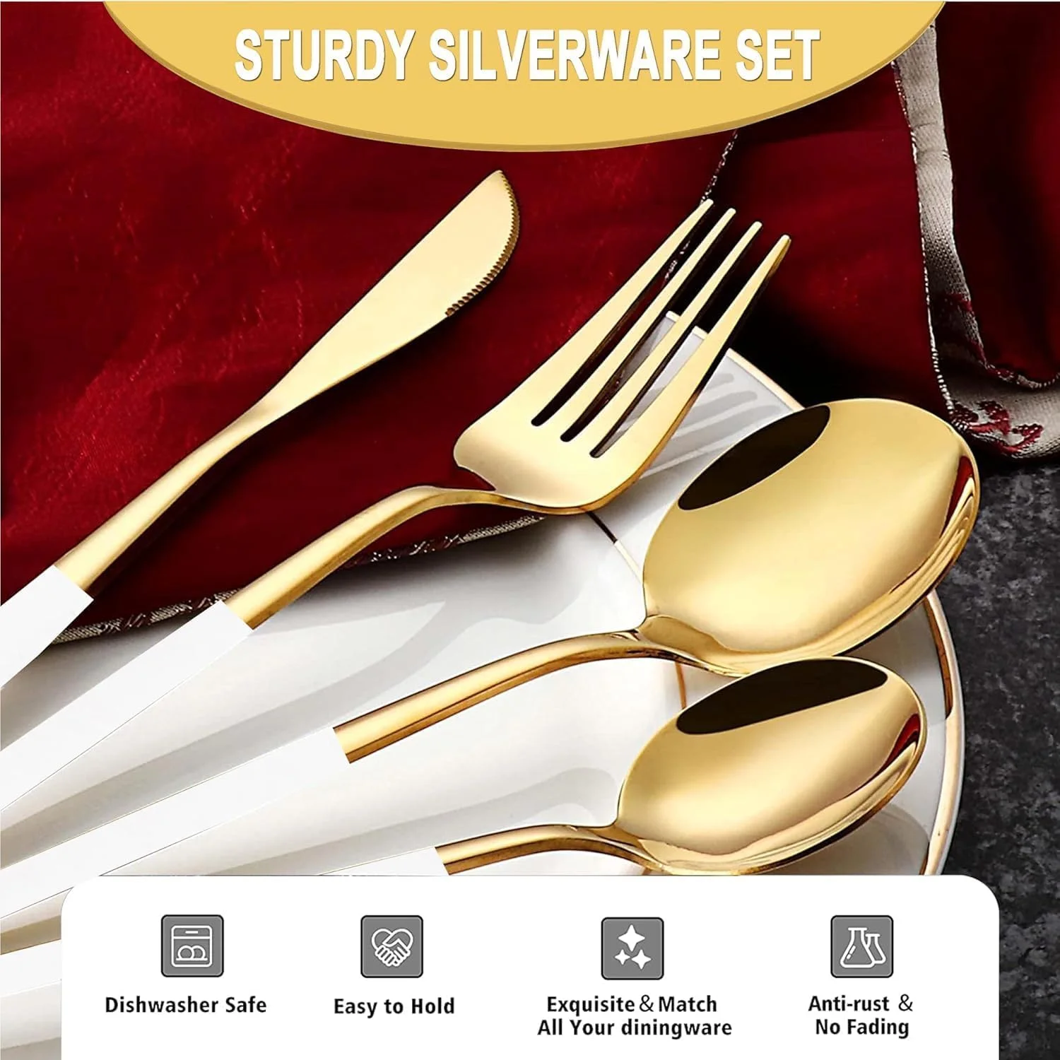 BuyOn Cutlery Set 24 Peices Stainless Steel Tableware Dinner Mirror Polished Surving for 6 Set of Knives Spoons Forks Kitchen Utensils Tablespoon Skewer Accessories Home & Restaurant (GOLD & WHITE) BuyOn Cutlery Set 24 Peices Stainless Steel Tableware Dinner Mirror Polished Surving for 6 Set of Knives Spoons Forks Kitchen Utensils Tablespoon Skewer Accessories Home & Restaurant (GOLD & WHITE)