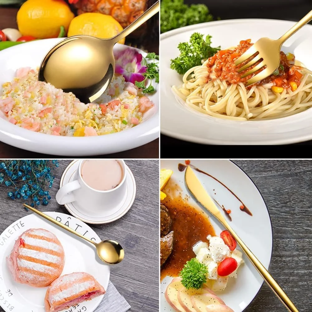 BuyOn Cutlery Set 24 Peices Stainless Steel Tableware Dinner Mirror Polished Surving for 6 Set of Knives Spoons Forks Kitchen Utensils Tablespoon Skewer Accessories Home & Restaurant (GOLD & WHITE) BuyOn Cutlery Set 24 Peices Stainless Steel Tableware Dinner Mirror Polished Surving for 6 Set of Knives Spoons Forks Kitchen Utensils Tablespoon Skewer Accessories Home & Restaurant (GOLD & WHITE)