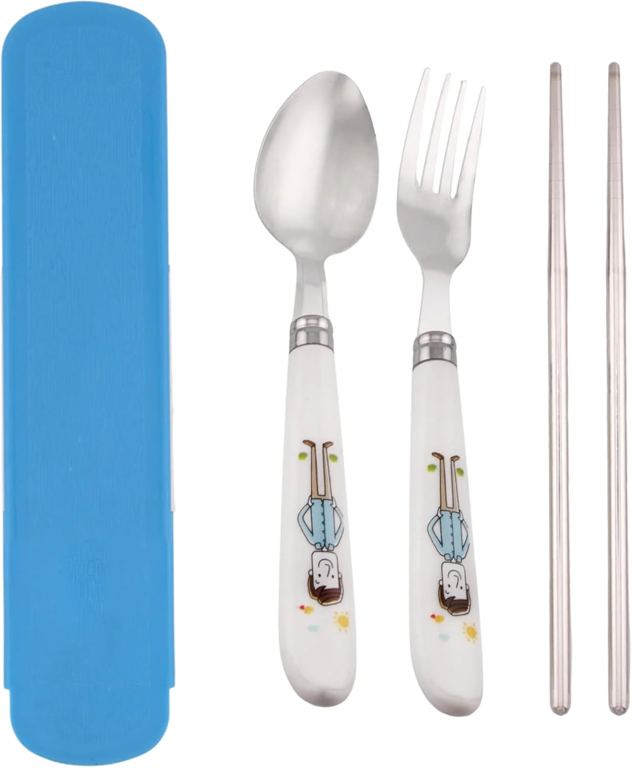 ست قاشق، چنگال و چاپستیک کودک BrainGiggles با جعبه، قاشق استیل ضد زنگ با لبه گرد و دسته نرم، ست کارد و چنگال با دسته های حکاکی شده با شخصیت های سرگرم کننده و ایمن BPA برای کودکان (بسته 1 عددی، آبی)