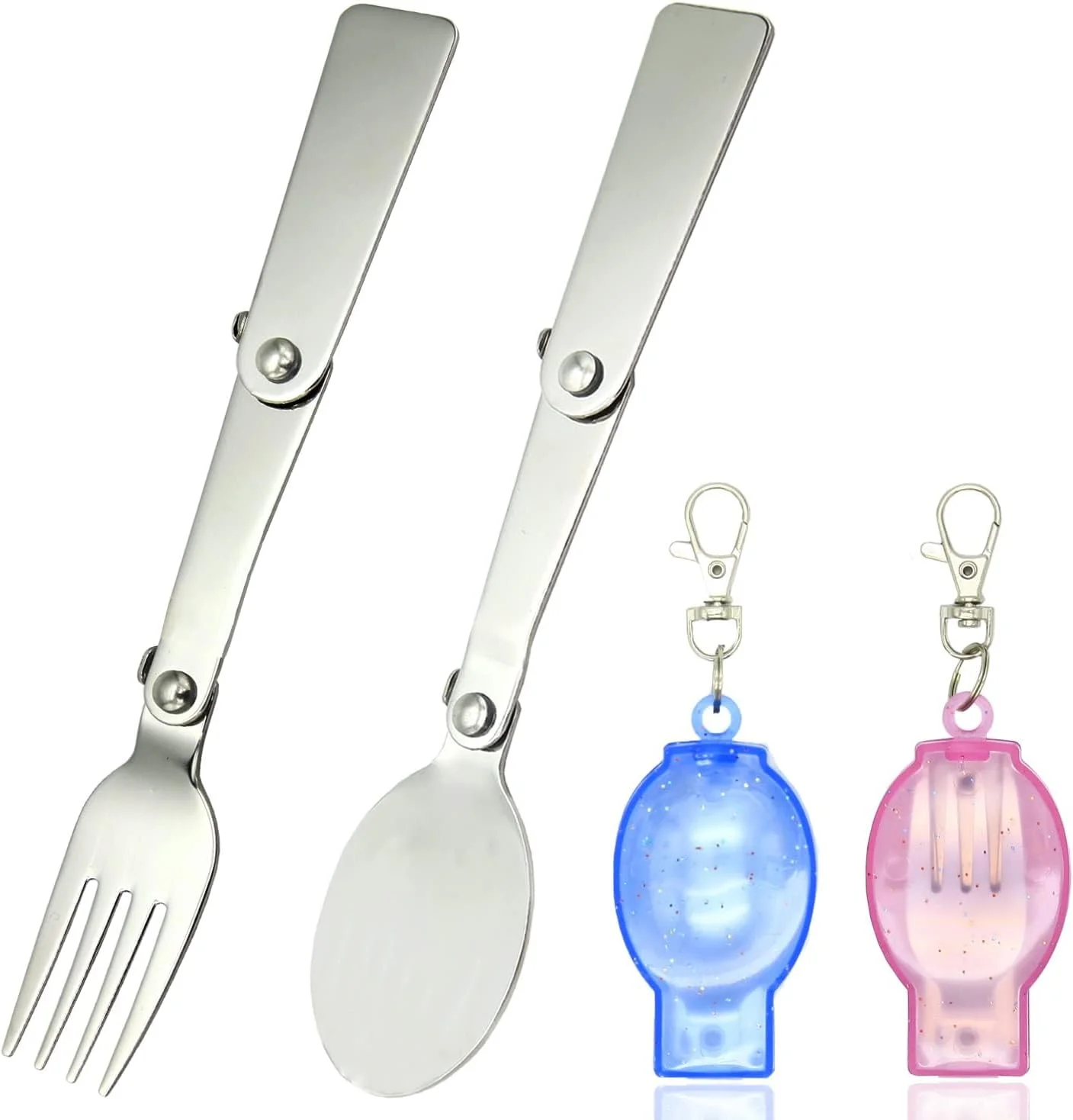 ست قاشق و چنگال تاشو BIGTHREE، ست قاشق و چنگال تاشو قابل حمل، قاشق و چنگال تاشو استیل ضد زنگ با دو جعبه نگهداری پلاستیکی برای مسافرت، کمپینگ، پیک نیک در فضای باز