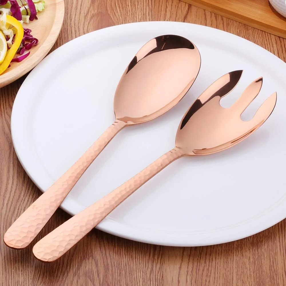 ست قاشق و چنگال سالاد بیسدا، سرور سالاد استیل ضد زنگ 12 اینچی، ظروف سرو بزرگ و بلند رزگلد، بسته 2 عددی