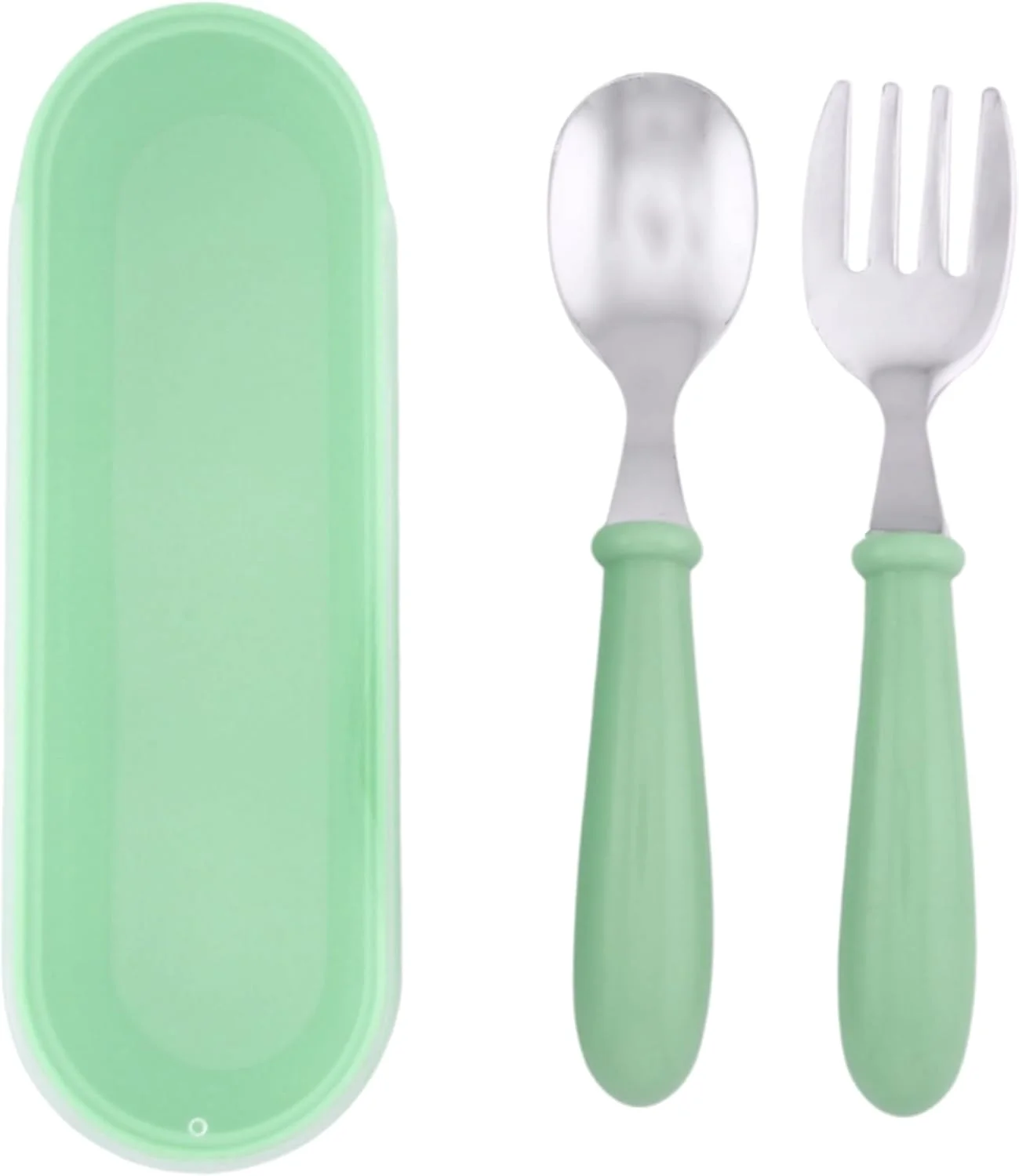 ست قاشق و چنگال کودک BrainGiggles با جعبه، لبه گرد استیل ضد زنگ، قاشق و چنگال بدون BPA، استیل بهداشتی 304 برای مدرسه، پیک نیک، گردش (بسته 1 عددی، سبز)