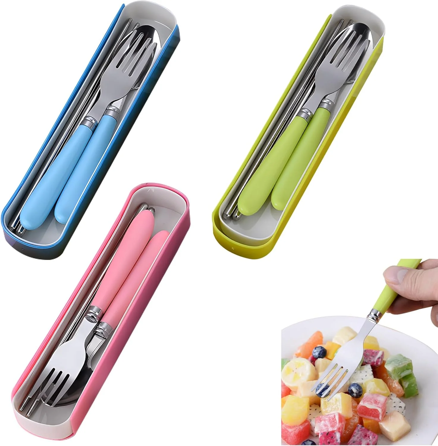 ست столовых приборов کودکانه فروشگاه Big Bargain شامل 3 ست چنگال و قاشق استیل ضد زنگ ایمن برای کودکان به همراه جعبه مسافرتی قابل حمل با دسته گرد مناسب جعبه ناهار به همراه ست столовых приборов