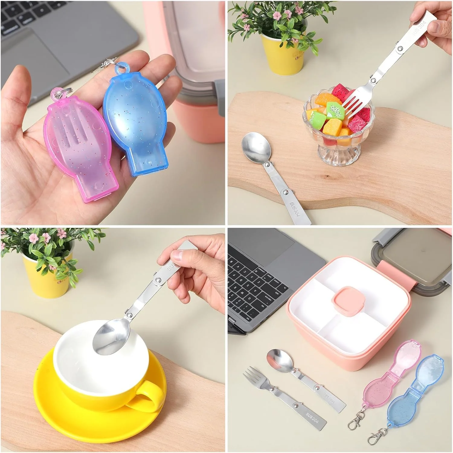 ست قاشق و چنگال تاشو BIGTHREE، ست قاشق و چنگال تاشو قابل حمل، قاشق و چنگال تاشو استیل ضد زنگ با دو جعبه نگهداری پلاستیکی برای مسافرت، کمپینگ، پیک نیک در فضای باز