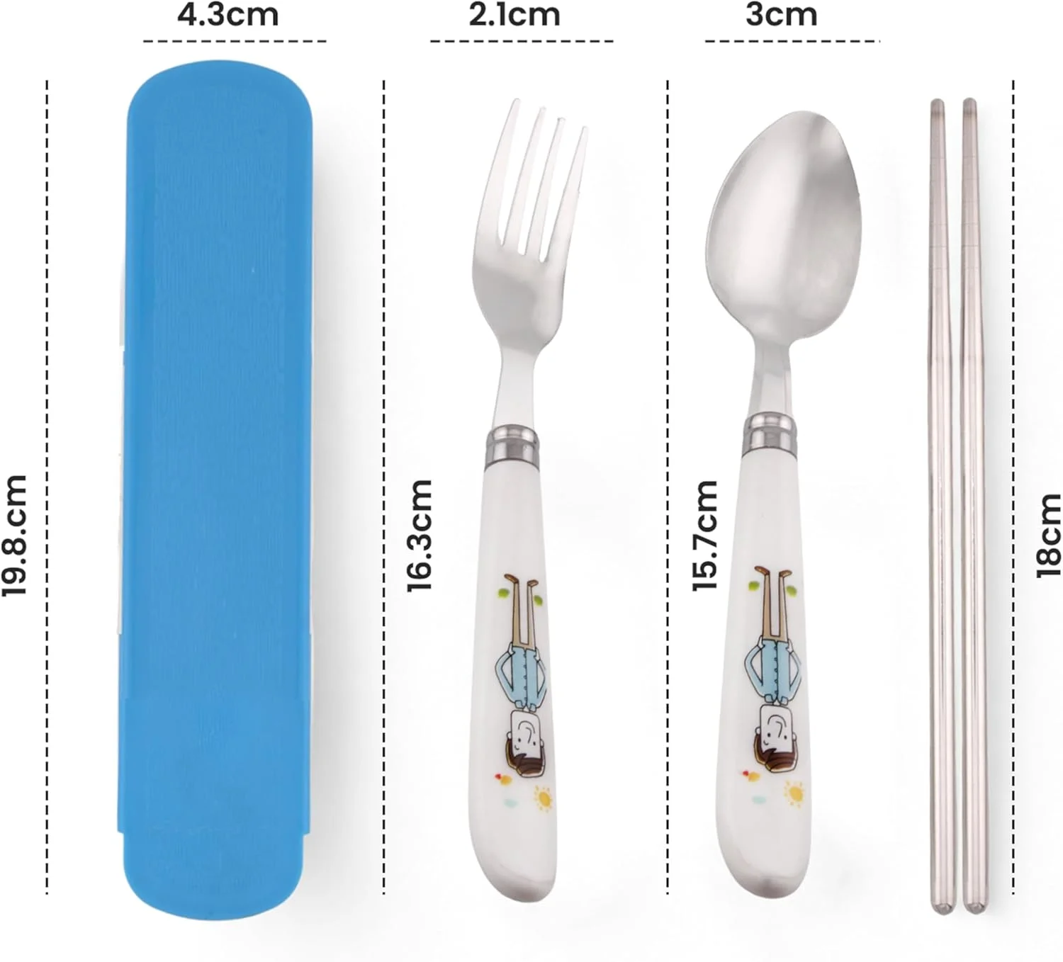 ست قاشق، چنگال و چاپستیک کودک BrainGiggles با جعبه، قاشق استیل ضد زنگ با لبه گرد و دسته نرم، ست کارد و چنگال با دسته های حکاکی شده با شخصیت های سرگرم کننده و ایمن BPA برای کودکان (بسته 1 عددی، آبی)