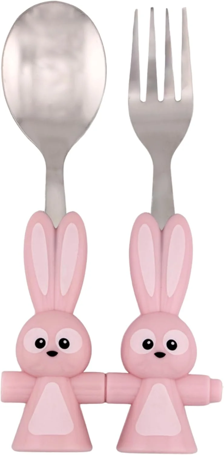 ست قاشق و چنگال کودک BrainGiggles، مناسب کودکان، پسران و دختران، لوازم غذاخوری استیل ضد زنگ با لبه گرد و دسته خرگوشی بدون BPA | ست قاشق و چنگال کودک برای جعبه ناهار | هدیه عید پاک (صورتی)