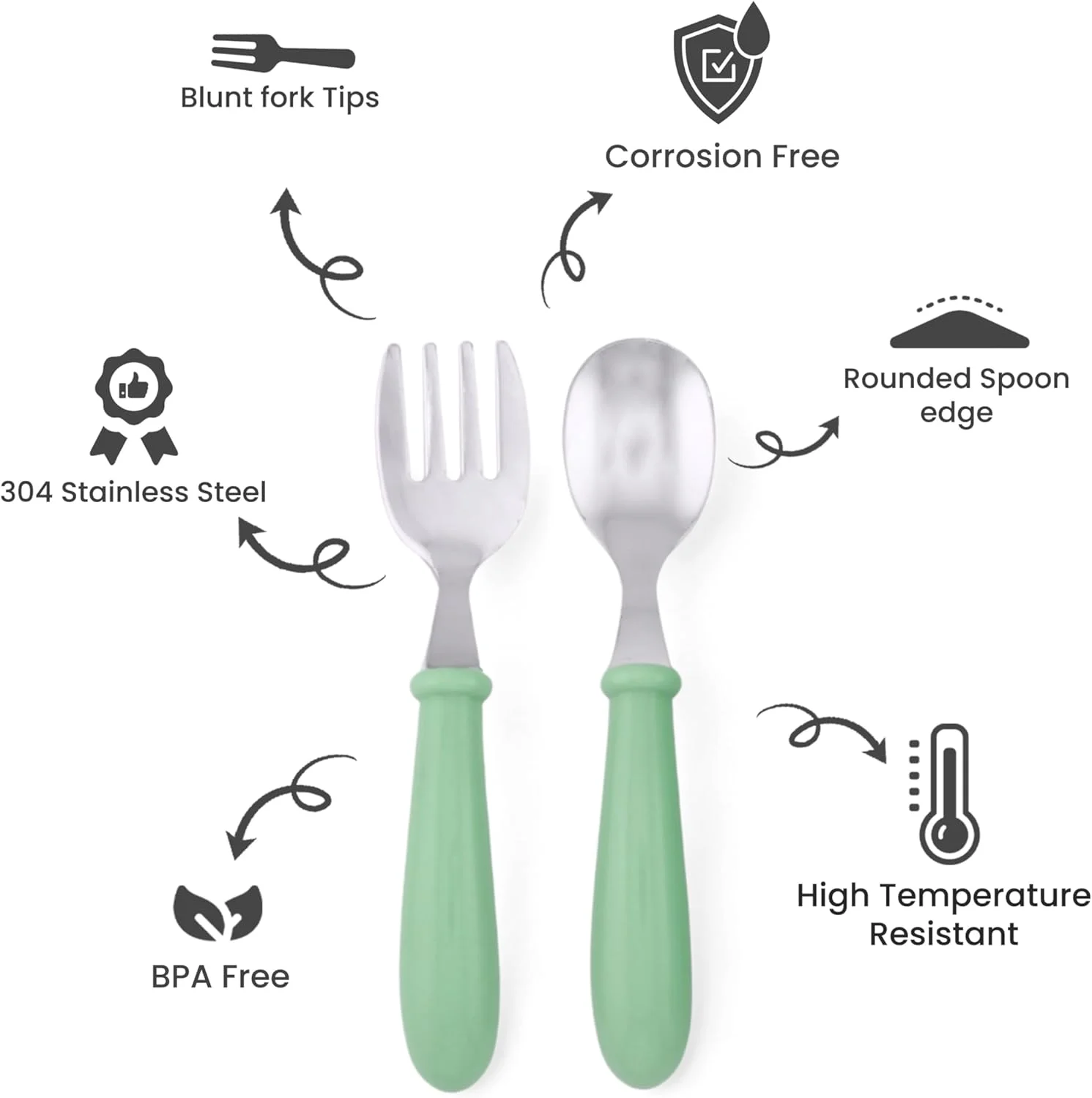 ست قاشق و چنگال کودک BrainGiggles با جعبه، لبه گرد استیل ضد زنگ، قاشق و چنگال بدون BPA، استیل بهداشتی 304 برای مدرسه، پیک نیک، گردش (بسته 1 عددی، سبز)