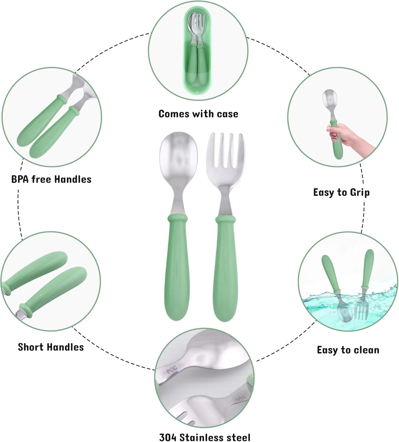ست قاشق و چنگال کودک BrainGiggles با جعبه، لبه گرد استیل ضد زنگ، قاشق و چنگال بدون BPA، استیل بهداشتی 304 برای مدرسه، پیک نیک، گردش (بسته 1 عددی، سبز)