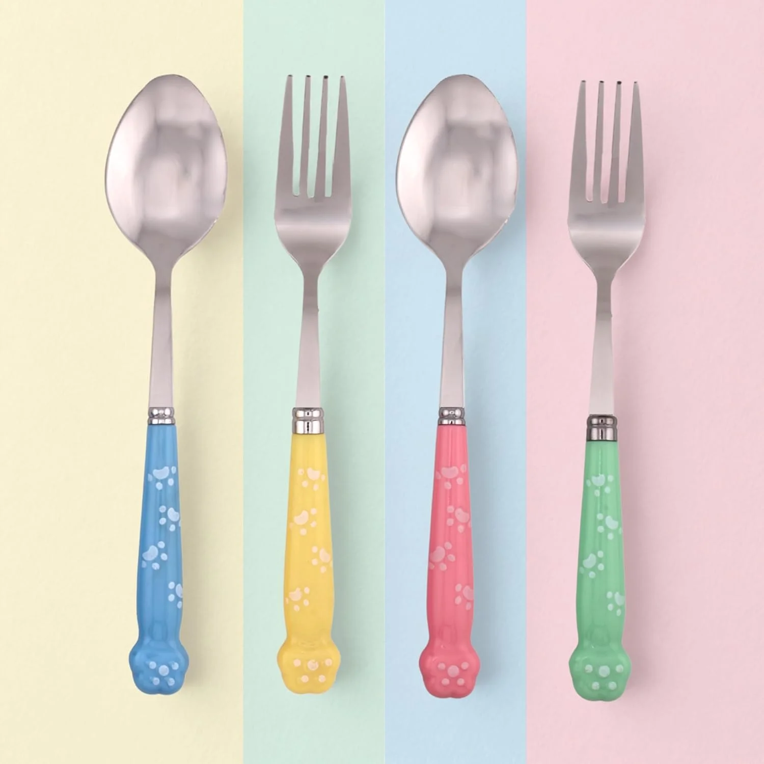 ست قاشق و چنگال کودک BrainGiggles با جعبه | قاشق و چنگال استیل ضد زنگ با لبه گرد و دسته های بدون BPA | ست قاشق و چنگال مناسب جعبه غذا | ظروف غذاخوری کودک با طرح پنجه و جعبه قابل حمل (صورتی)