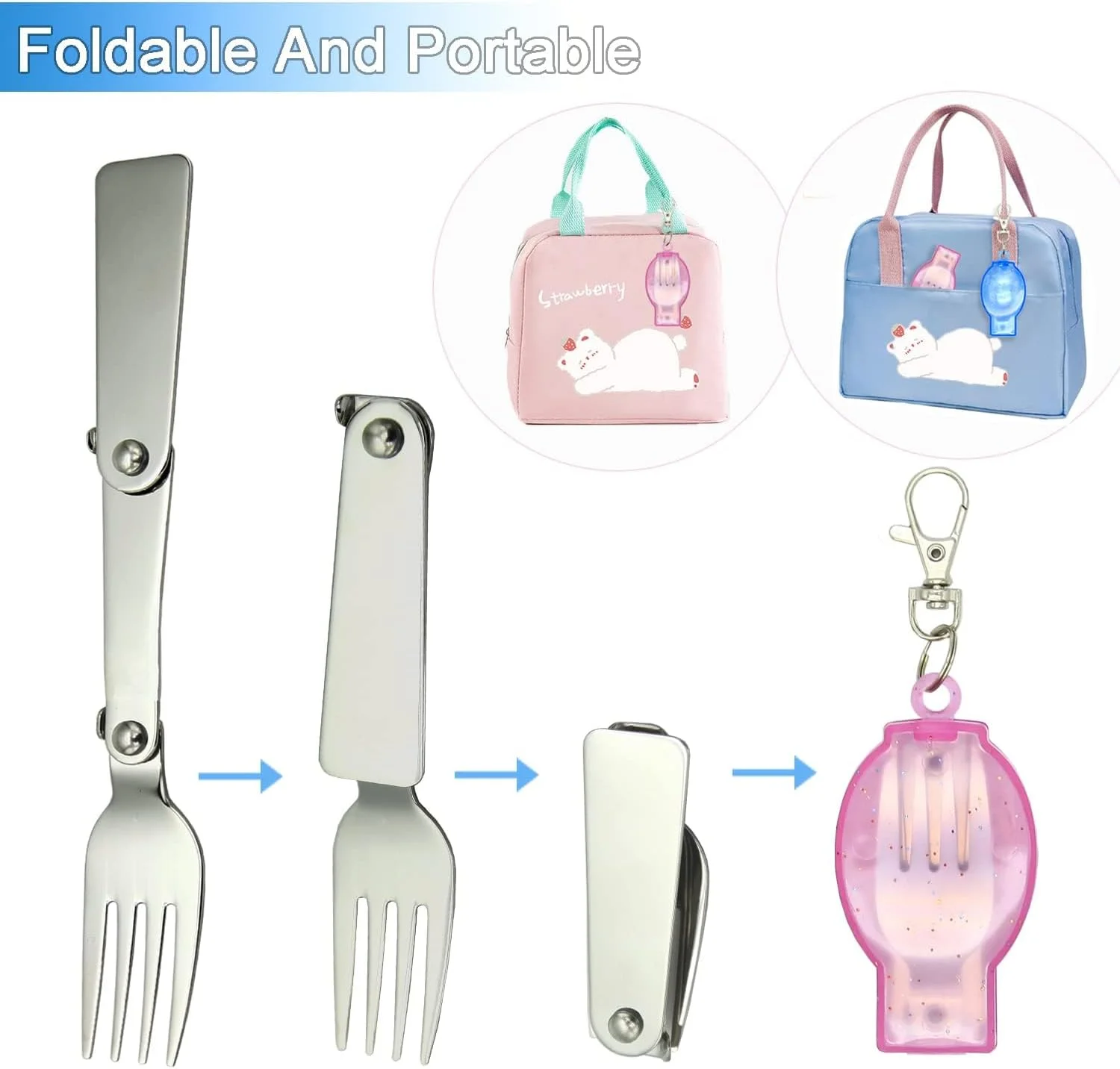 ست قاشق و چنگال تاشو BIGTHREE، ست قاشق و چنگال تاشو قابل حمل، قاشق و چنگال تاشو استیل ضد زنگ با دو جعبه نگهداری پلاستیکی برای مسافرت، کمپینگ، پیک نیک در فضای باز