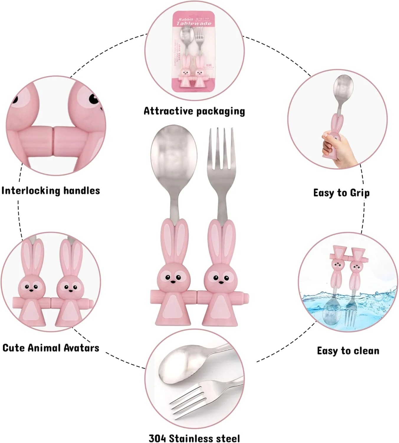 ست قاشق و چنگال کودک BrainGiggles، مناسب کودکان، پسران و دختران، لوازم غذاخوری استیل ضد زنگ با لبه گرد و دسته خرگوشی بدون BPA | ست قاشق و چنگال کودک برای جعبه ناهار | هدیه عید پاک (صورتی)