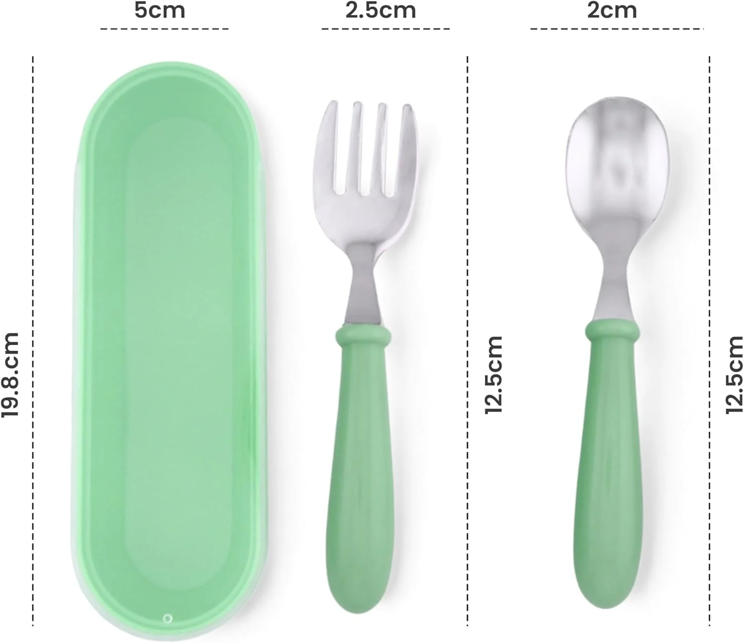 ست قاشق و چنگال کودک BrainGiggles با جعبه، لبه گرد استیل ضد زنگ، قاشق و چنگال بدون BPA، استیل بهداشتی 304 برای مدرسه، پیک نیک، گردش (بسته 1 عددی، سبز)