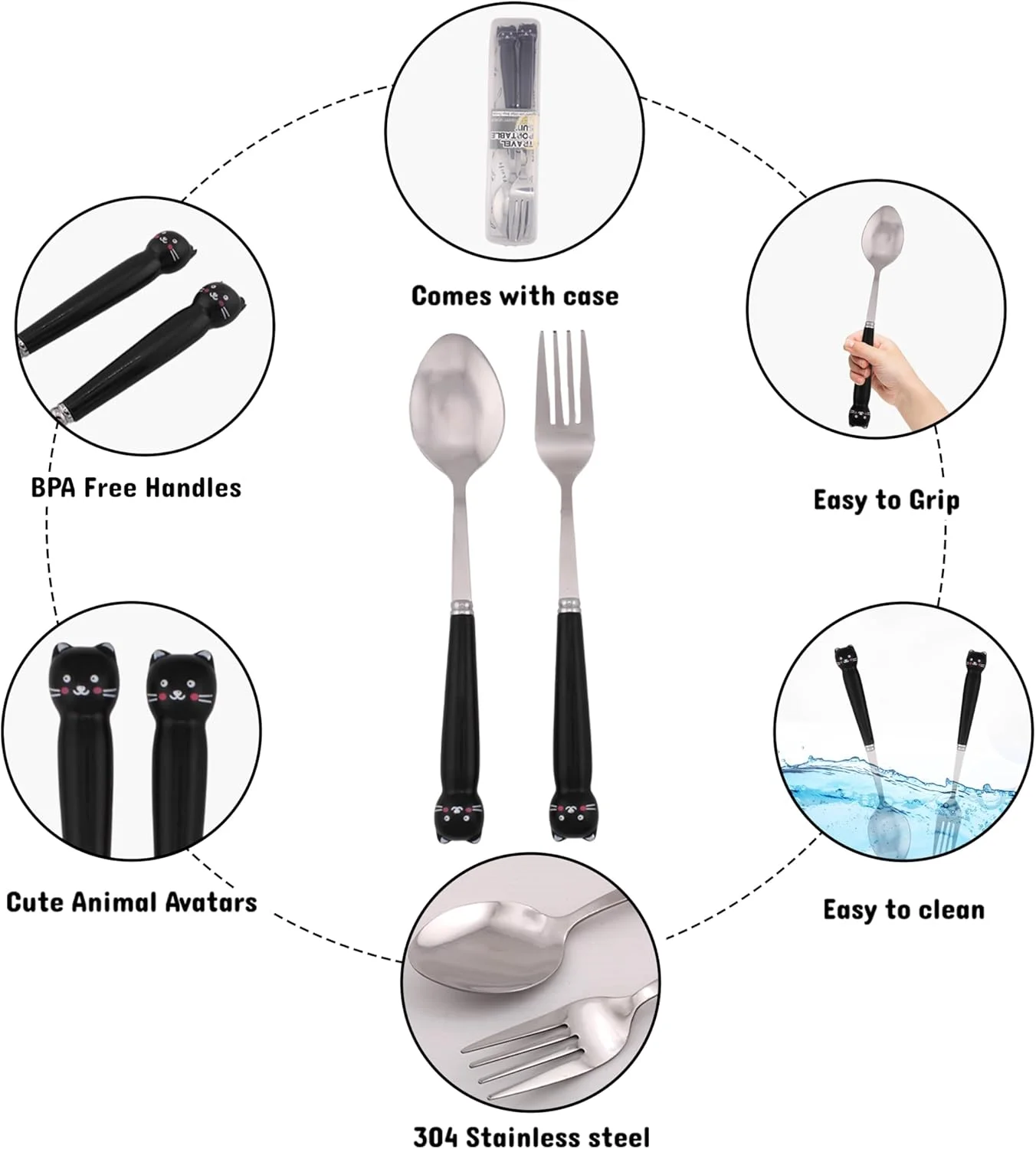 ست قاشق و چنگال 2 تکه استیل ضد زنگ بدون BPA BrainGiggles برای کودکان به همراه جعبه - شامل قاشق، چنگال و جعبه برای جعبه ناهار، پیک نیک و مسافرت | ظروف غذاخوری کودک با جعبه قابل حمل (مشکی)