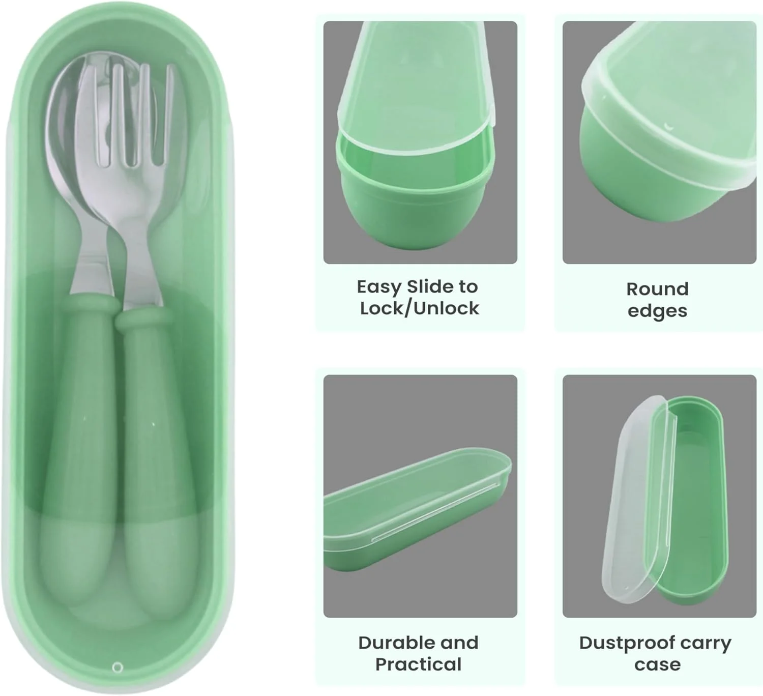ست قاشق و چنگال کودک BrainGiggles با جعبه، لبه گرد استیل ضد زنگ، قاشق و چنگال بدون BPA، استیل بهداشتی 304 برای مدرسه، پیک نیک، گردش (بسته 1 عددی، سبز)