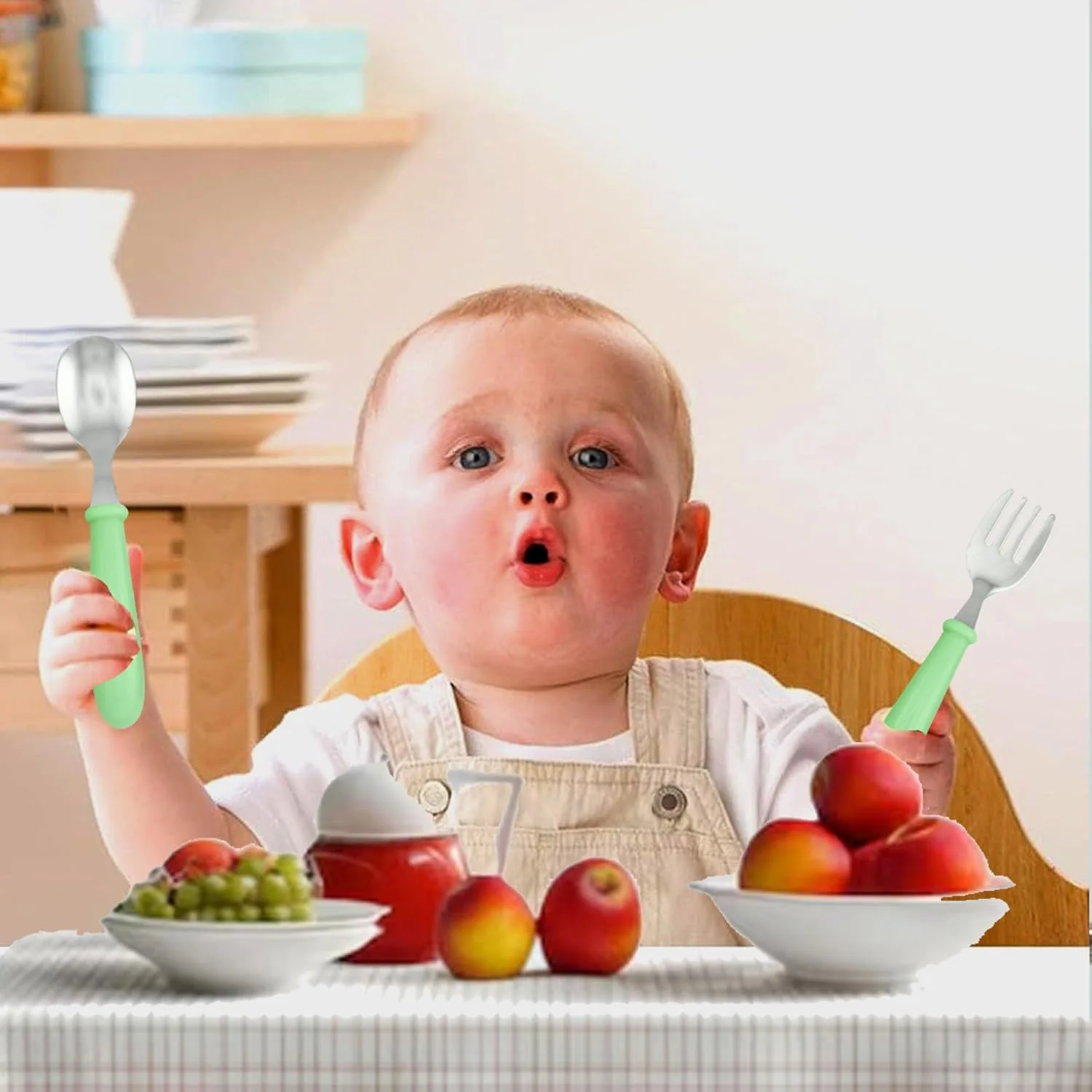 ست قاشق و چنگال کودک BrainGiggles با جعبه، لبه گرد استیل ضد زنگ، قاشق و چنگال بدون BPA، استیل بهداشتی 304 برای مدرسه، پیک نیک، گردش (بسته 1 عددی، سبز)