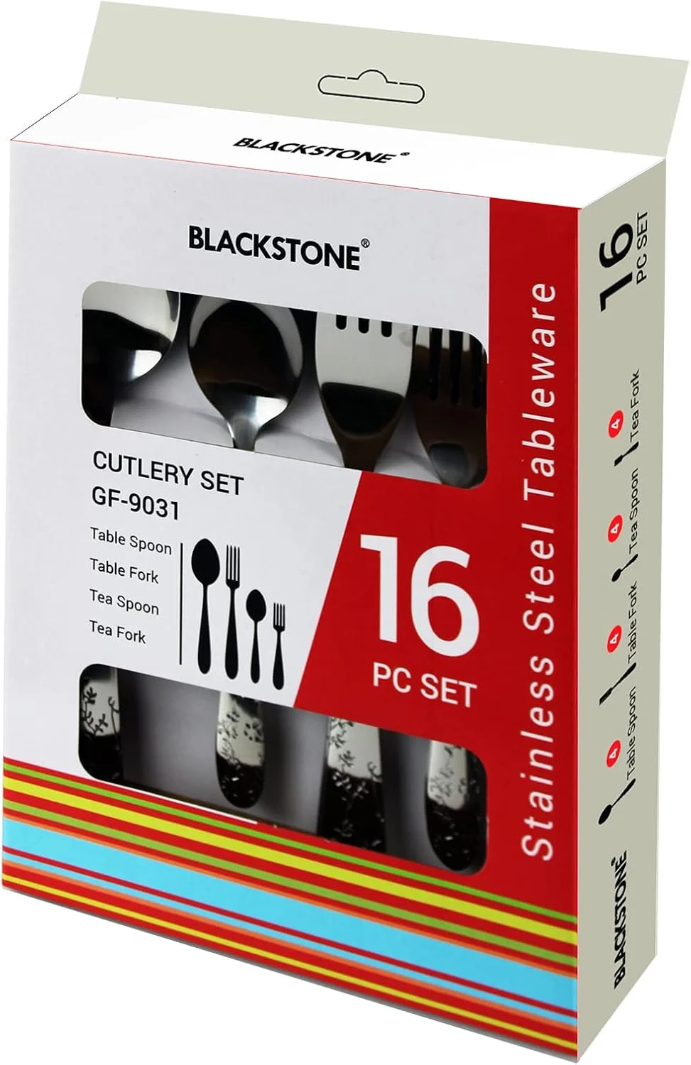 ست столовых приборов استیل ضد زنگ پریمیوم BLACKSTONE – ۱۶ تکه (۴ قاشق چای خوری، ۴ قاشق غذاخوری، ۴ چنگال چای خوری، ۴ چنگال غذاخوری) | پرداخت آینه ای