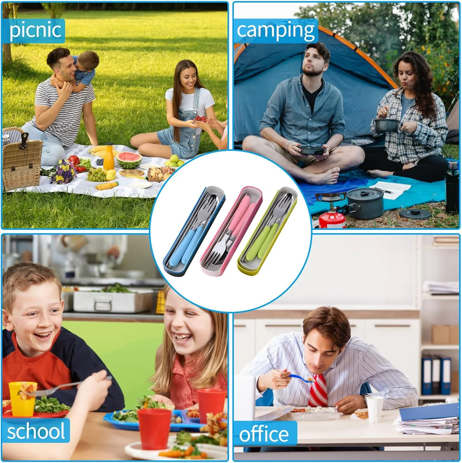 ست столовых приборов کودکانه فروشگاه Big Bargain شامل 3 ست چنگال و قاشق استیل ضد زنگ ایمن برای کودکان به همراه جعبه مسافرتی قابل حمل با دسته گرد مناسب جعبه ناهار به همراه ست столовых приборов