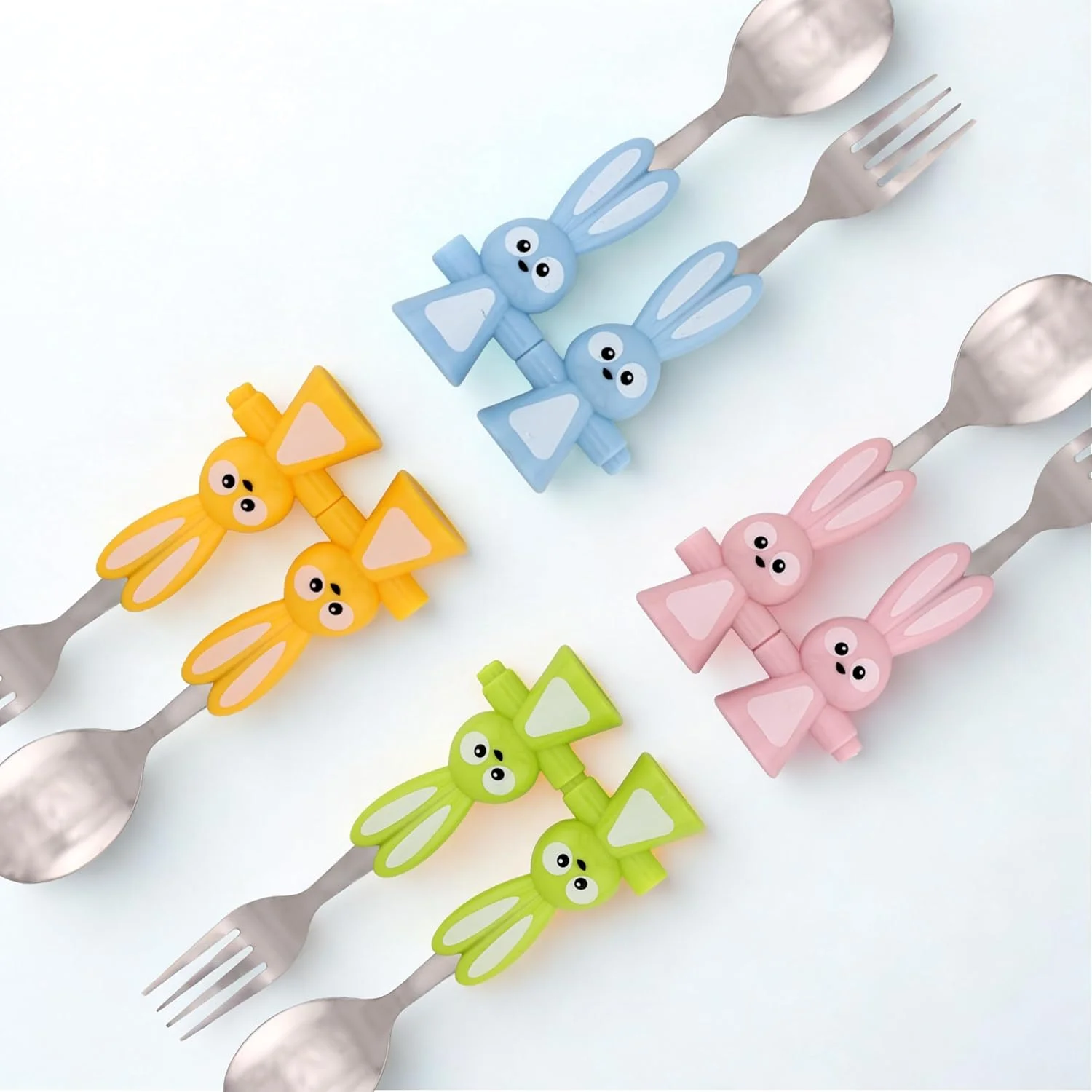 ست قاشق و چنگال کودک BrainGiggles، مناسب کودکان، پسران و دختران، لوازم غذاخوری استیل ضد زنگ با لبه گرد و دسته خرگوشی بدون BPA | ست قاشق و چنگال کودک برای جعبه ناهار | هدیه عید پاک (صورتی)