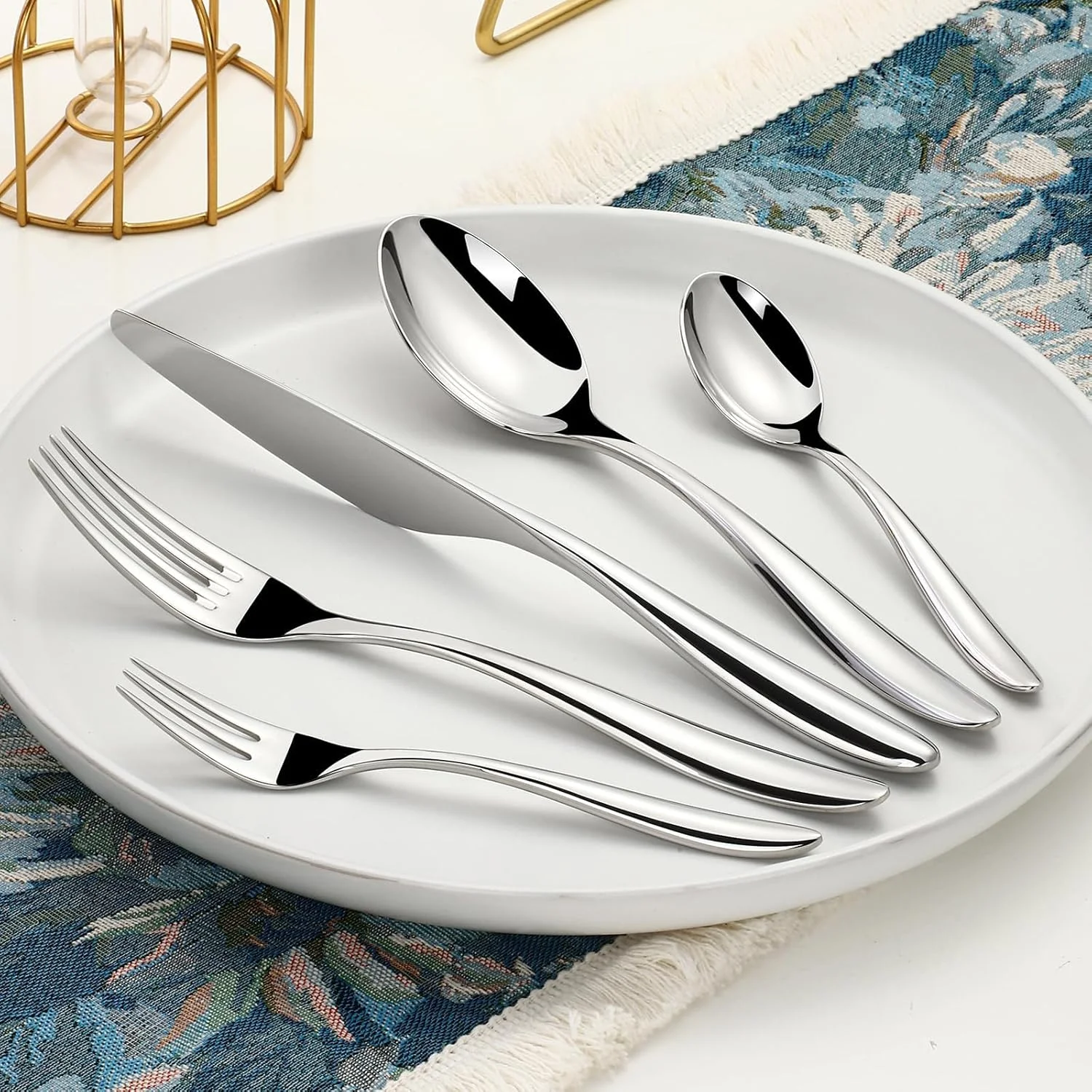 ست столовых приборов 5 تکه Azonee، ست столовых приборов استیل ضد زنگ 18-10، ست ظروف برای خانه و رستوران، شامل قاشق چنگال چاقوی ارتقا یافته، پرداخت آینه ای، قابل شستشو در ماشین ظرفشویی
