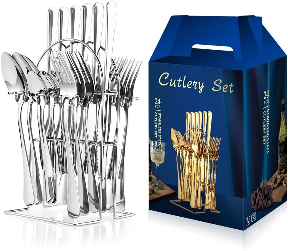 ست کارد و چنگال استیل 24 پارچه Beauenty با استند، ست قاشق و چنگال پرداخت آینه ای، مناسب برای 6 نفر، شامل چاقو/چنگال/قاشق/قاشق چایخوری (نقره ای)