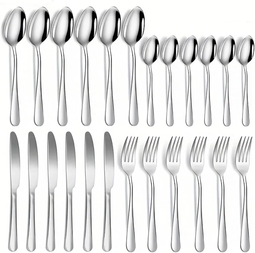 ست کارد و چنگال استیل 24 پارچه Beauenty با استند، ست قاشق و چنگال پرداخت آینه ای، مناسب برای 6 نفر، شامل چاقو/چنگال/قاشق/قاشق چایخوری (نقره ای)