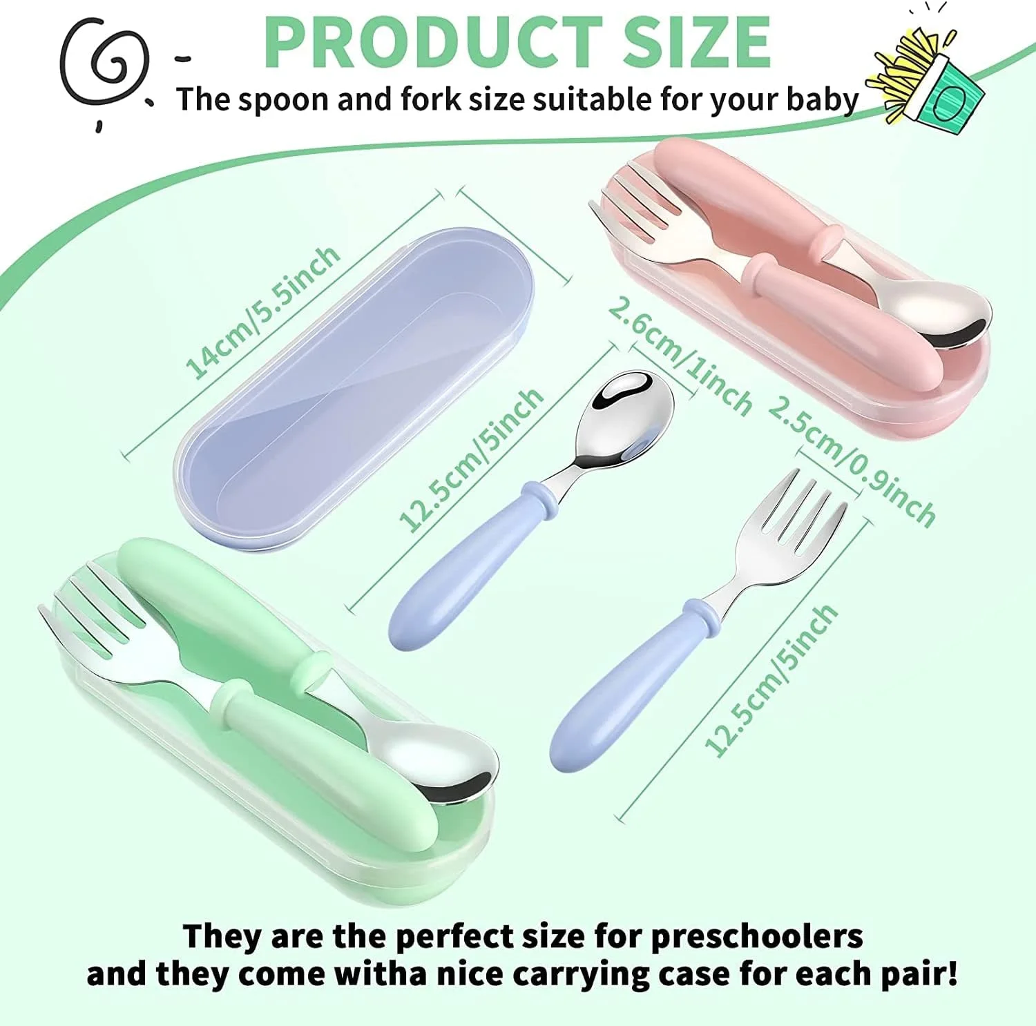 ست 9 تکه قاشق و چنگال کودک نوپا Aluchy، ست نقره ای ایمن استیل ضد زنگ، ست کارد و چنگال کودکانه با دسته گرد برای جعبه ناهار (آبی، سبز، صورتی)