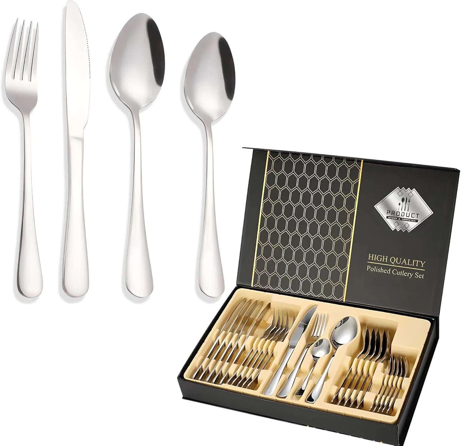 ست کارد و چنگال استیل ضد زنگ 24 پارچه ممتاز با جعبه هدیه، مناسب برای 6 نفر، شامل 6 چنگال، 6 چاقو، 6 قاشق و 6 قاشق چای خوری - ظروف غذاخوری برای خانه، آشپزخانه و غذاخوری