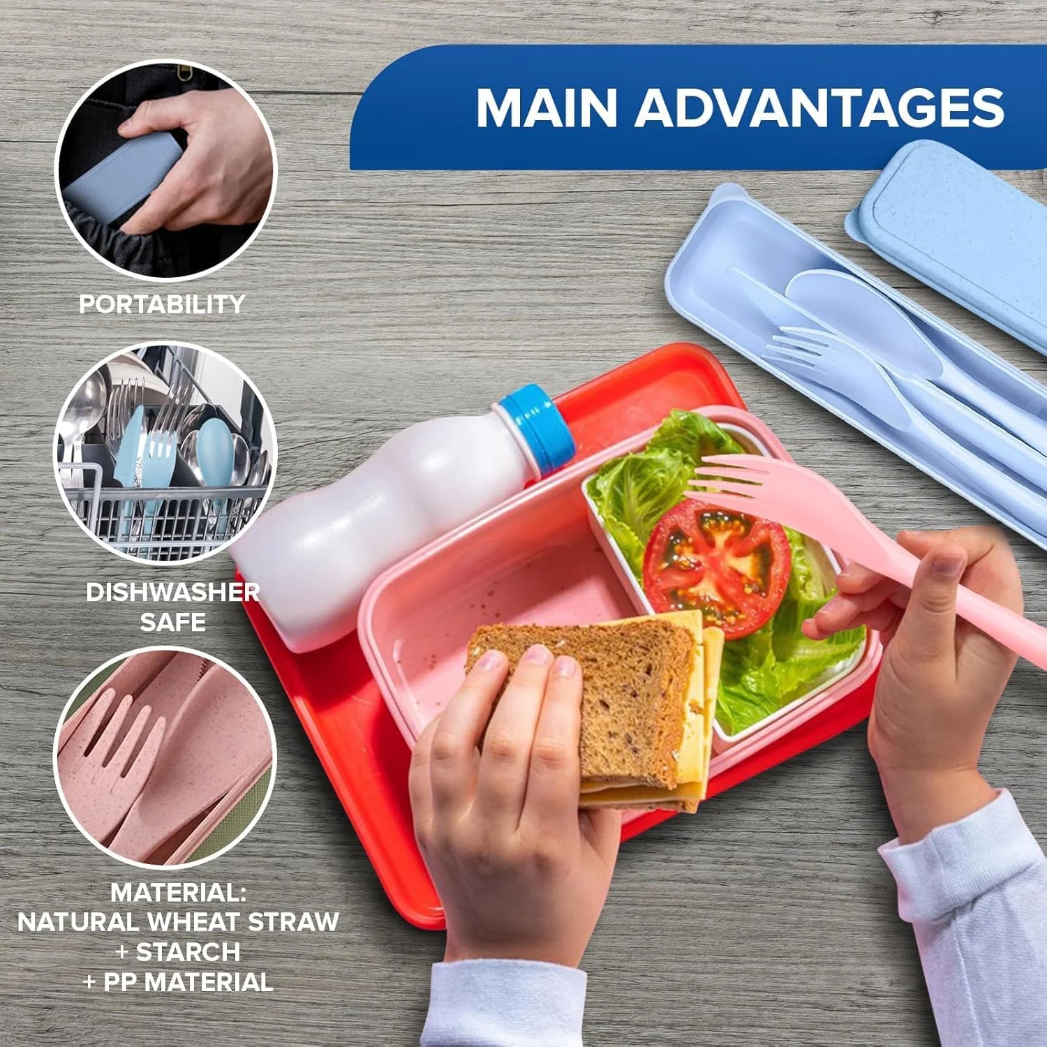 ست столовых приборов مسافرتی قابل استفاده مجدد Aowin، 4 تکه با جعبه، ست کارد و چنگال و قاشق قابل حمل، столовых приборов مسافرتی از جنس کاه گندم، столовых приборов پلاستیکی для пикника، مناسب для пикника یا استفاده روزانه