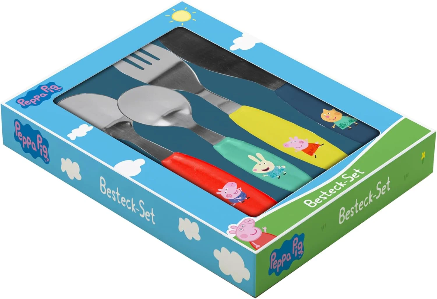 ست کارد و چنگال 4 تکه کودکانه پپا پیگ p:os 36180، استیل ضد زنگ با دسته های پلاستیکی شامل چاقو، چنگال، قاشق سوپ و قاشق دسر