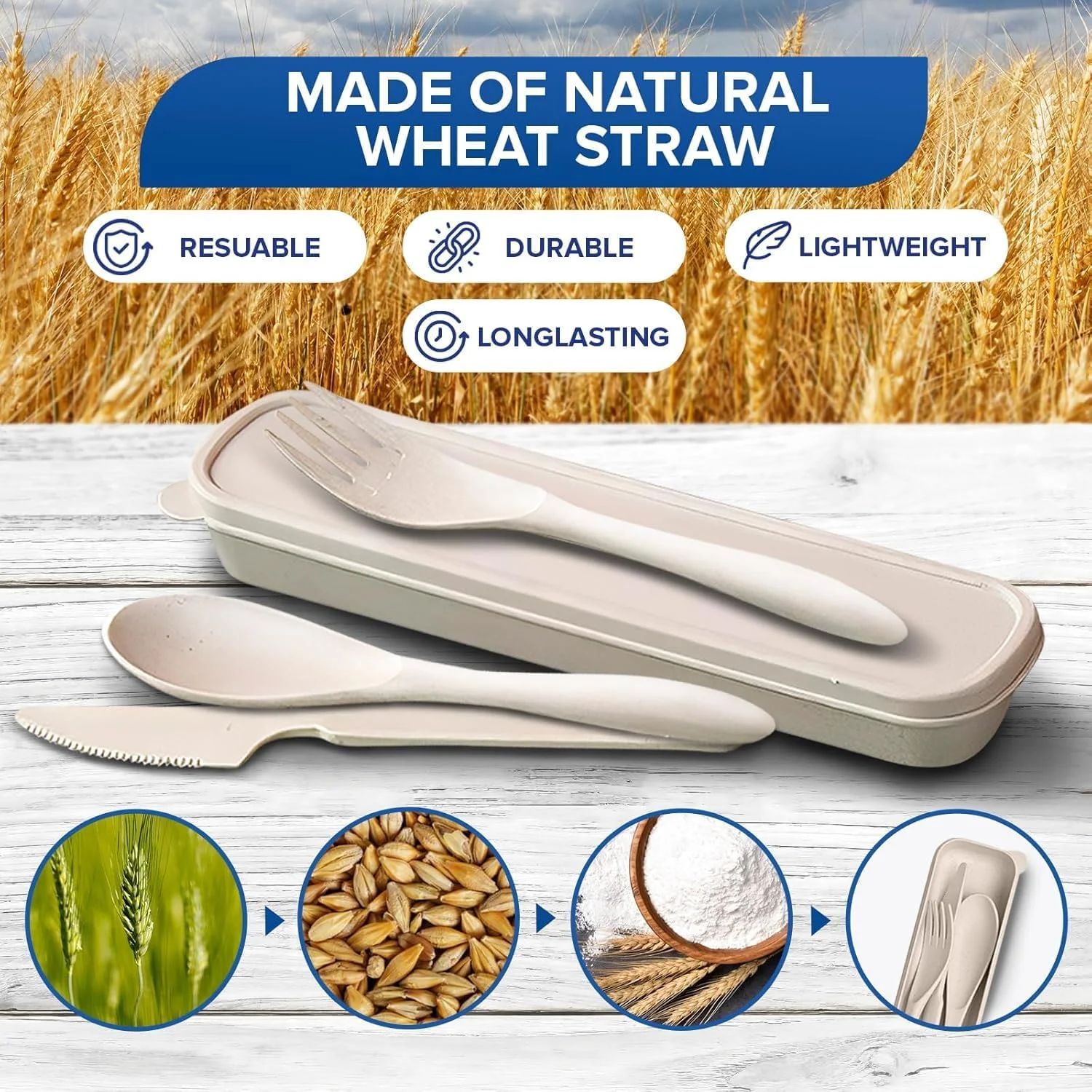 ست столовых приборов مسافرتی قابل استفاده مجدد Aowin، 4 تکه با جعبه، ست کارد و چنگال و قاشق قابل حمل، столовых приборов مسافرتی از جنس کاه گندم، столовых приборов پلاستیکی для пикника، مناسب для пикника یا استفاده روزانه