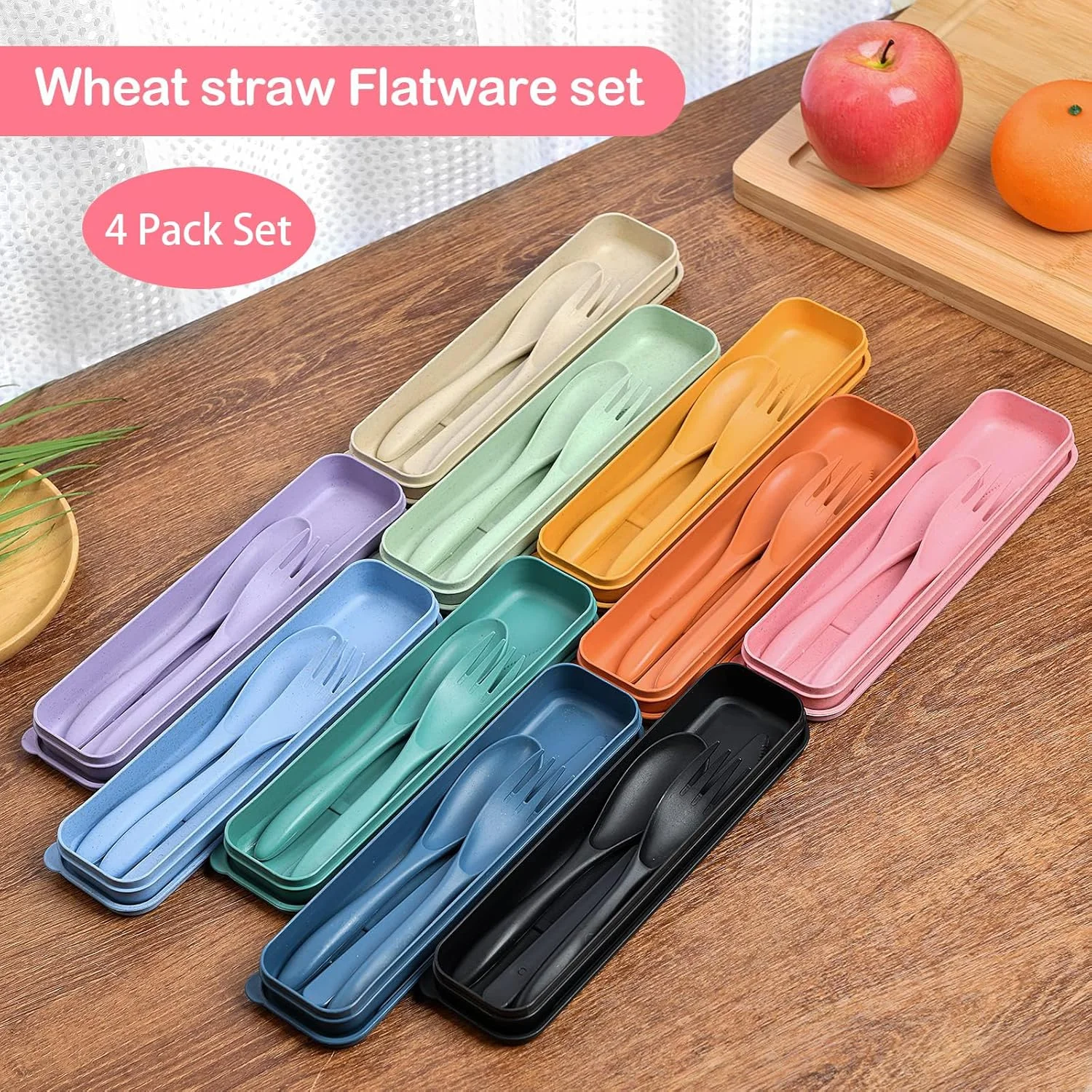 ست столовых приборов مسافرتی قابل استفاده مجدد Aowin، 4 تکه با جعبه، ست کارد و چنگال و قاشق قابل حمل، столовых приборов مسافرتی از جنس کاه گندم، столовых приборов پلاستیکی для пикника، مناسب для пикника یا استفاده روزانه